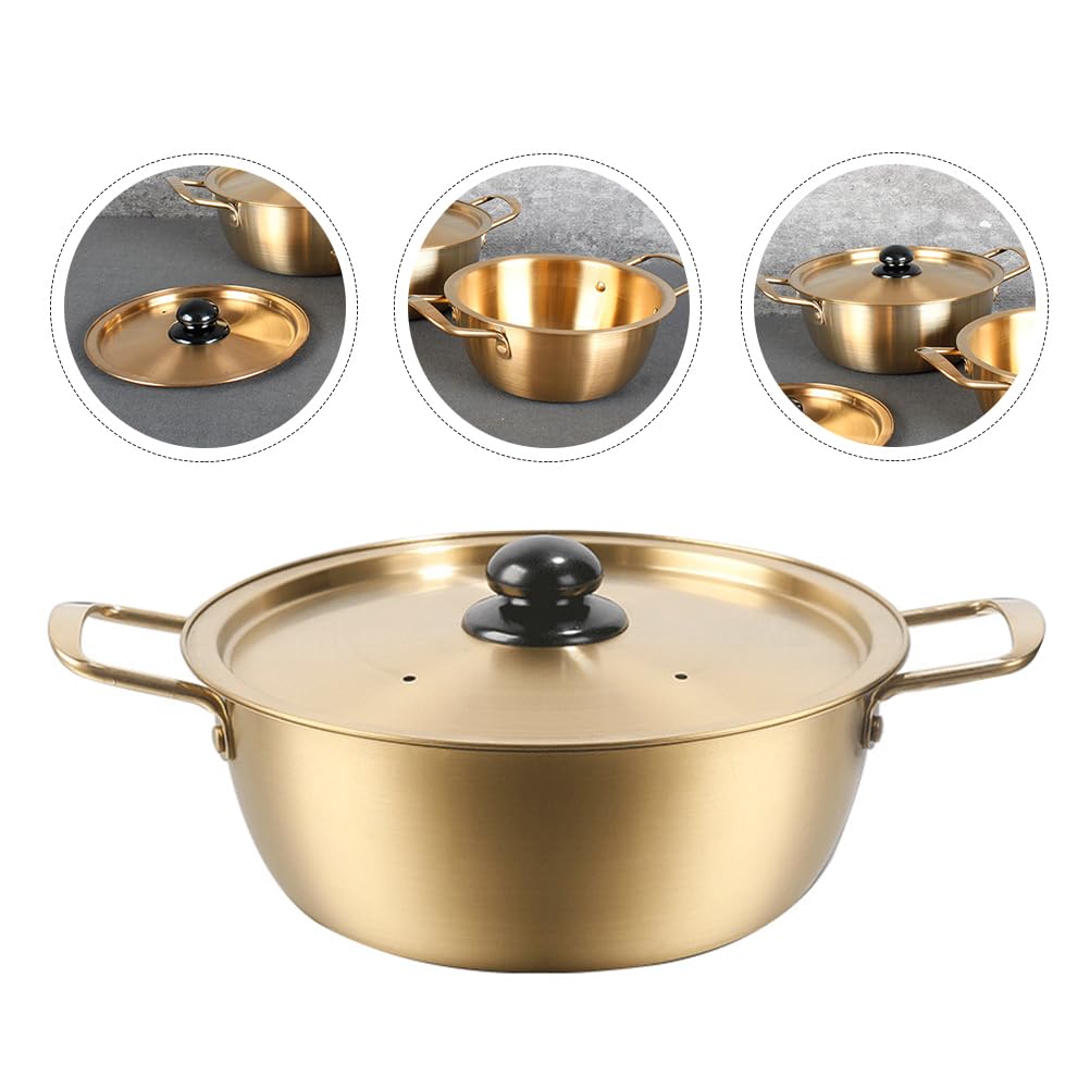 Premium Stainless Steel Korean Ramen Noodle Pot with Lid - 18cm Golden Double Handle Ramyun Cooker for Soup, Stew & Instant Noodles | Perfect for Home Kitchen & Restaurant Use | Durable Stockpot for Quick Meals & Asian Cuisine