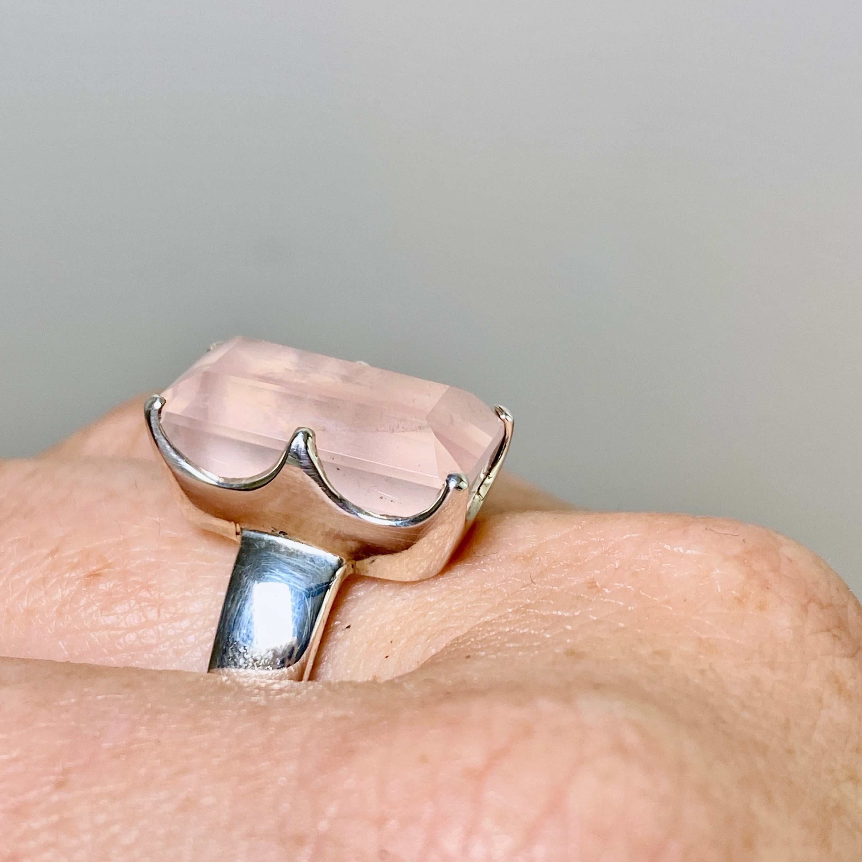 Rose Quartz Rectangular Faceted Ring Size 10.5 - PRGJ877 | Elegant Healing Crystal Jewelry for Women, Gift for Her, Wedding, Anniversary & Special Occasions