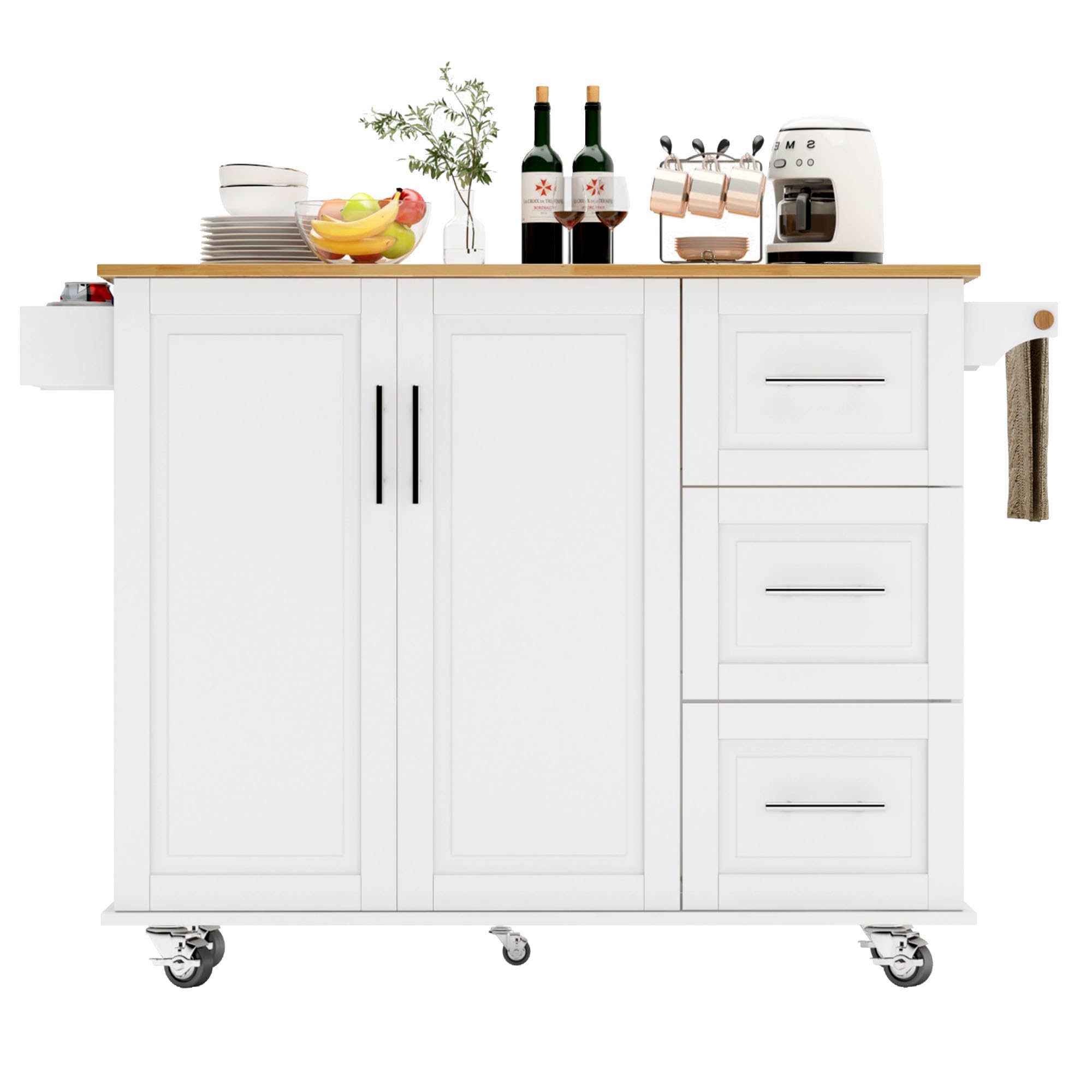 Soges Mobile Kitchen Island with Storage & Drop Leaf - Rolling Kitchen Cart with 3 Drawers, Large Cabinets & Adjustable Shelves - White - Perfect for Small Kitchens, Apartments & Food Prep Stations