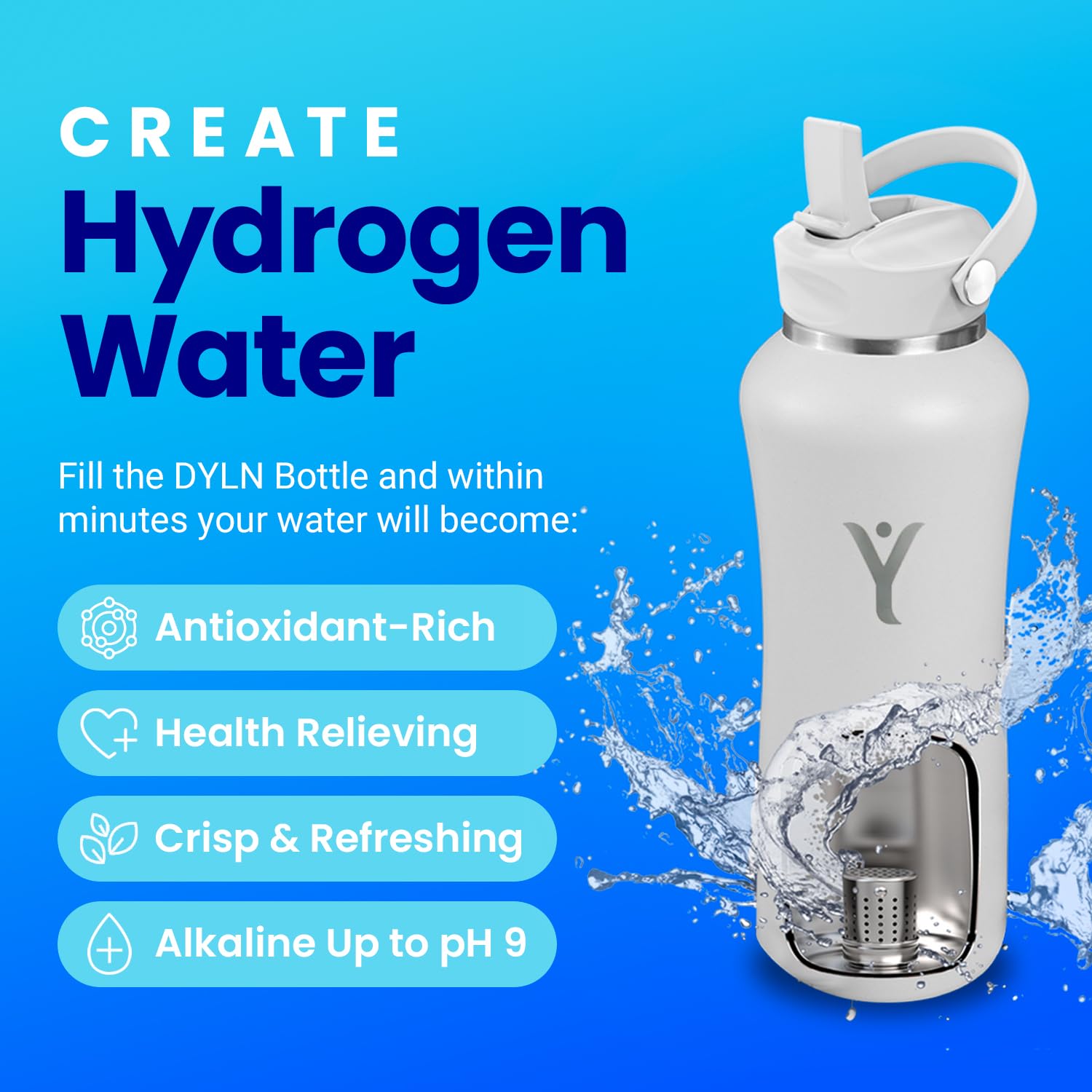DYLN Alkaline Water Bottle - Portable Hydrogen Water Generator with 9.5 pH Hydrogen-Rich Water | Vacuum Insulated Stainless Steel Bottle Keeps Drinks Cold 24 Hours | Perfect for Gym, Hiking & Daily Hydration