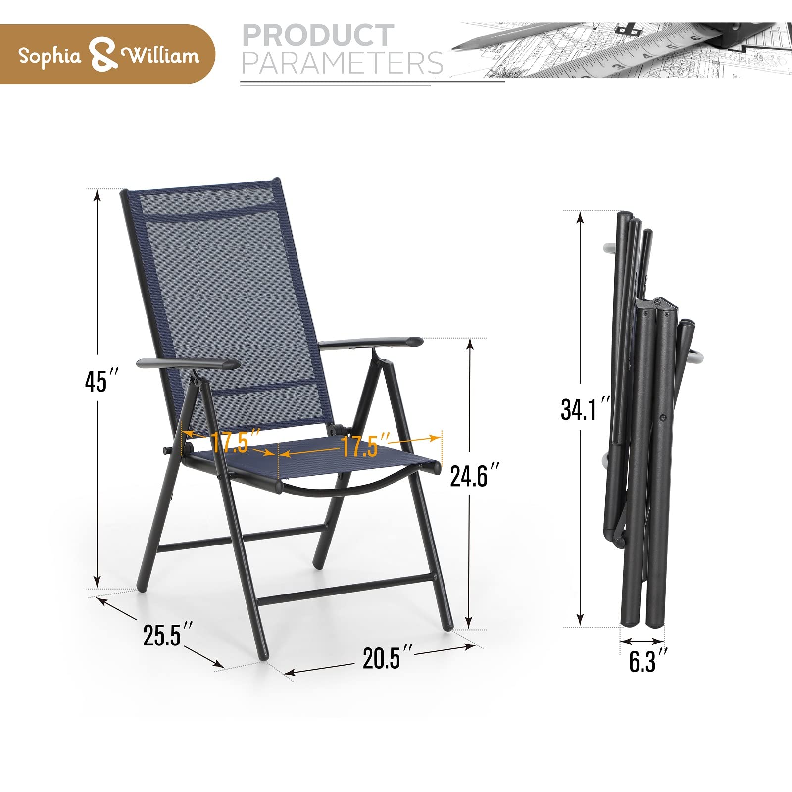 Sophia & William 6-Pack Outdoor Folding Chairs - Adjustable 7-Position Backrest, Lightweight Portable Textilene Patio Dining Chairs (Blue) - Perfect for Backyard BBQs, Beach Trips, Camping & Picnics
