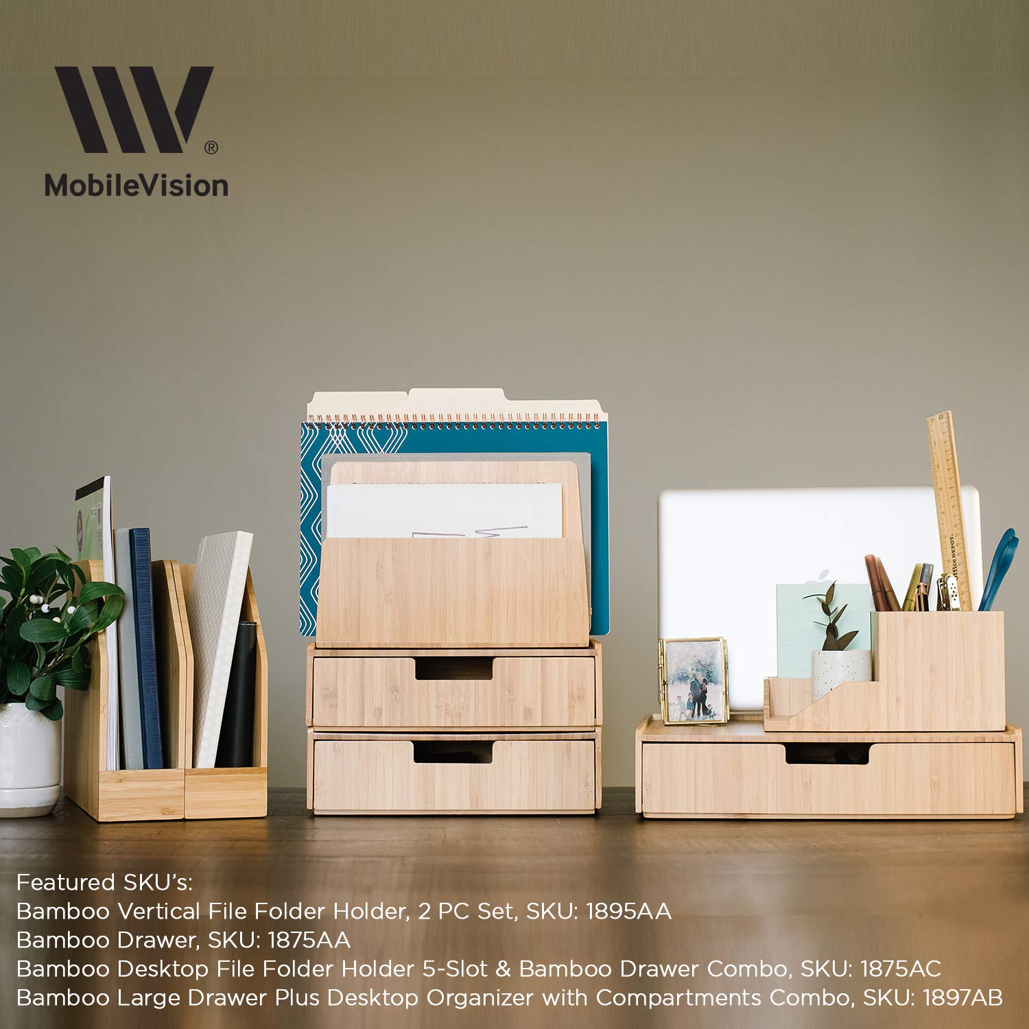 Mobilevision Large Bamboo Drawers (Set of 2) - Eco-Friendly Monitor Stand & Stackable Office Organizer for Pens, Penciles, Scissors, Notepads, Business Cards - Perfect for Home Office & Workspace Organization