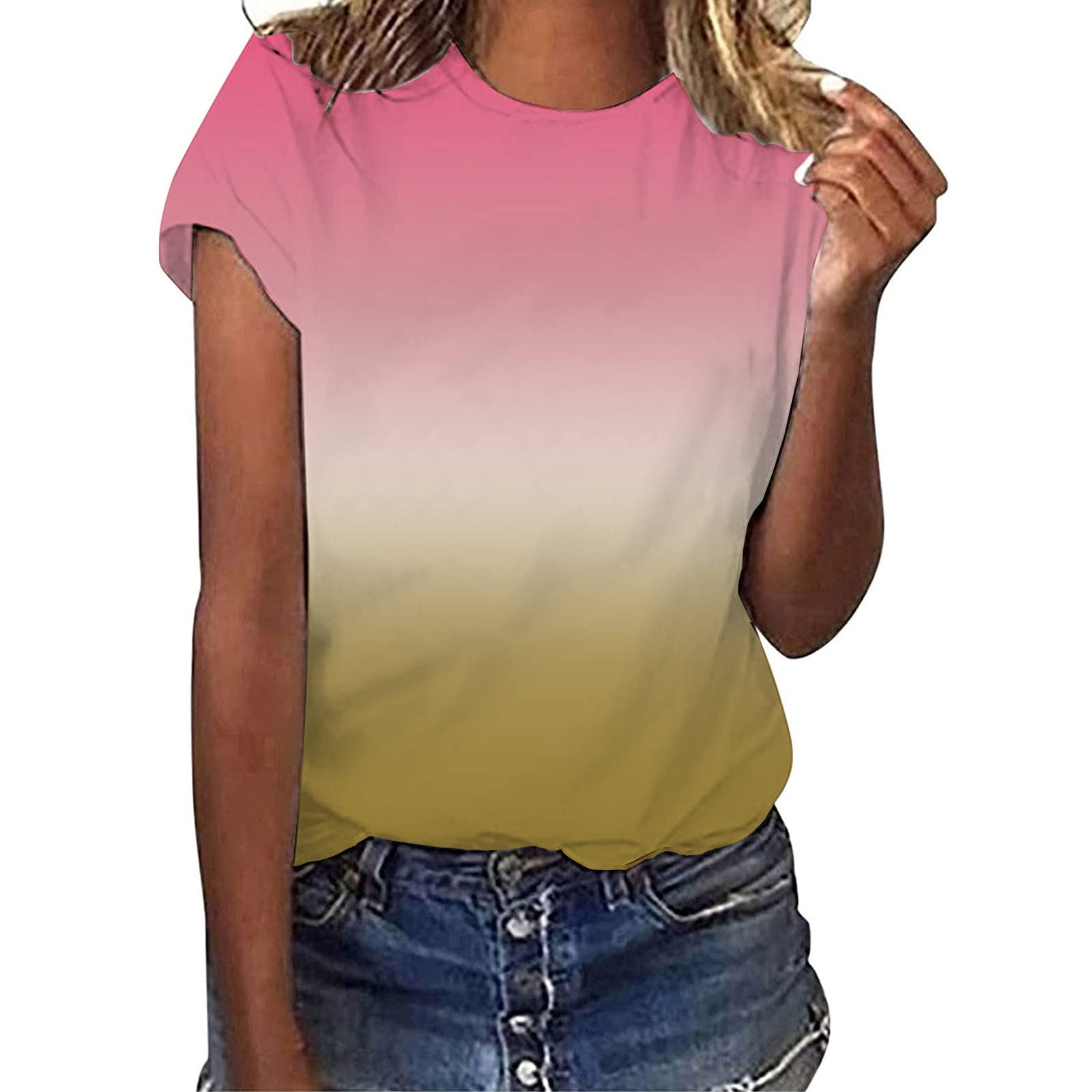 Women's Gradient Print O-Neck Tank Top - Short Sleeve Workout Shirt & Casual Summer Tee for Daily Wear - Perfect for Gym, Yoga, Running, and Everyday Outfits