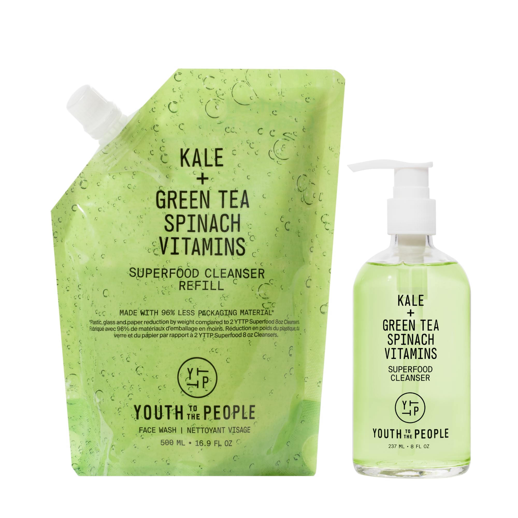 Youth To The People Superfood Cleanser Refill Bundle - Kale + Green Tea Face Wash (8oz Bottle + 16oz Refill Pouch) | Award-Winning Vegan Cleanser for All Skin Types | Gentle Makeup Remover & Daily Skincare Routine Essential