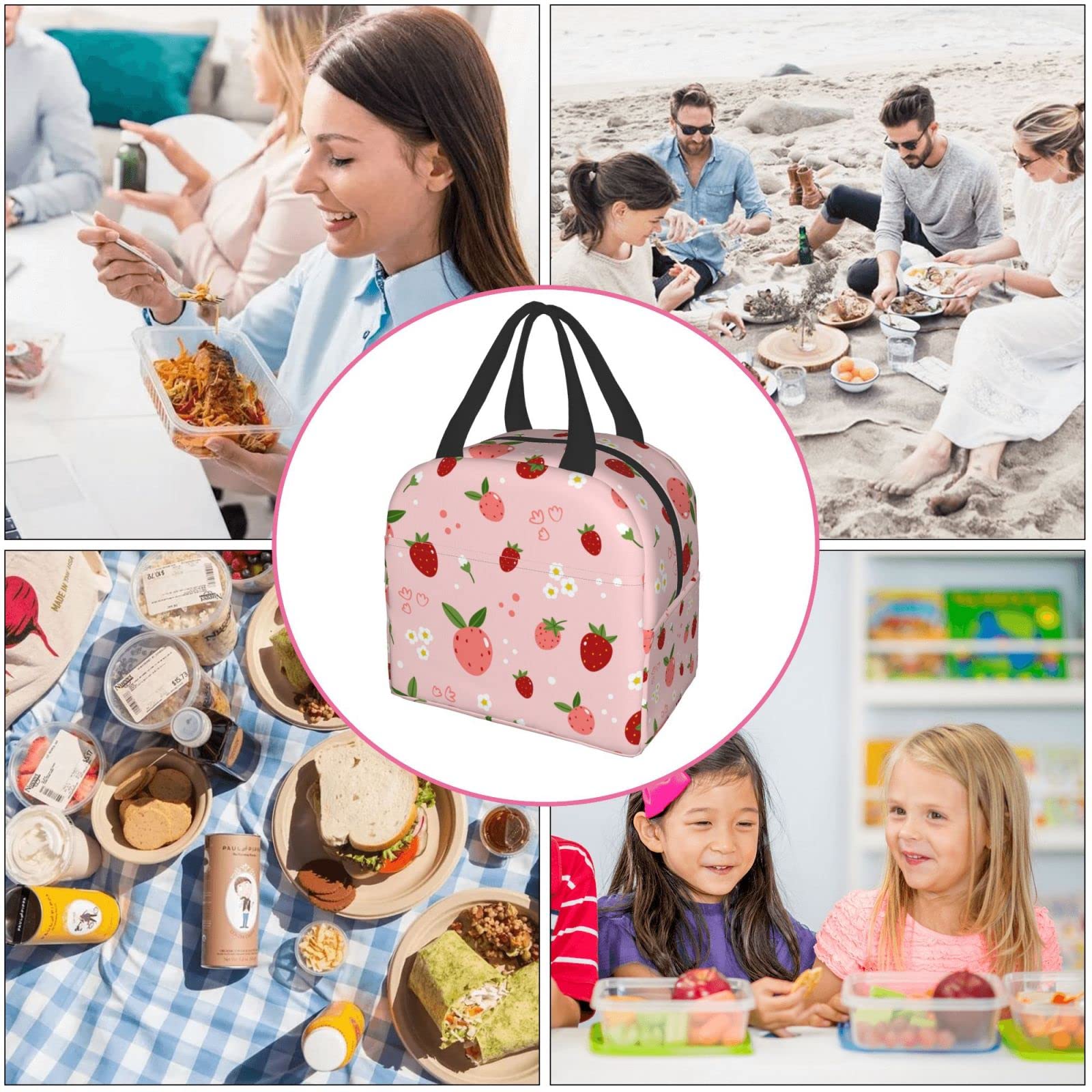 Ucsaxue Insulated Lunch Bag - Cute Strawberry & Floral Design Reusable Bento Box, Cooler Tote for Work, Picnic, Shopping - Perfect for Adults, Men & Women