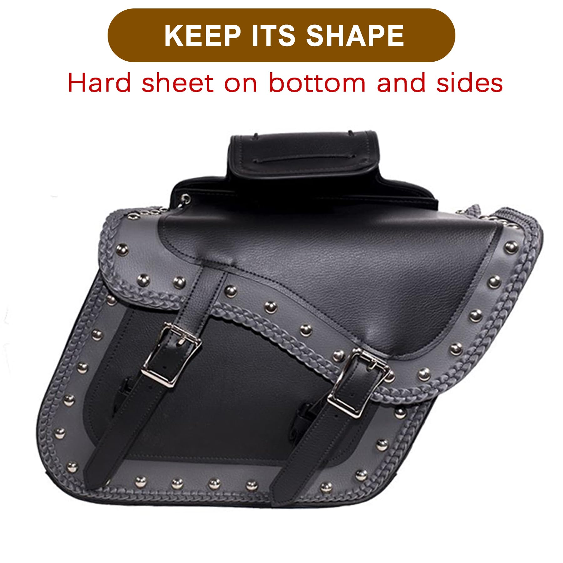 Faux Leather Motorcycle Saddle Bags with Studs - Universal Throw Over Side Bags for Honda Shadow, Sportster, Softail, Dyna & V-star (Black & Grey) - Waterproof PVC Storage for Cruiser Bikes, Road Trips & Daily Commuting