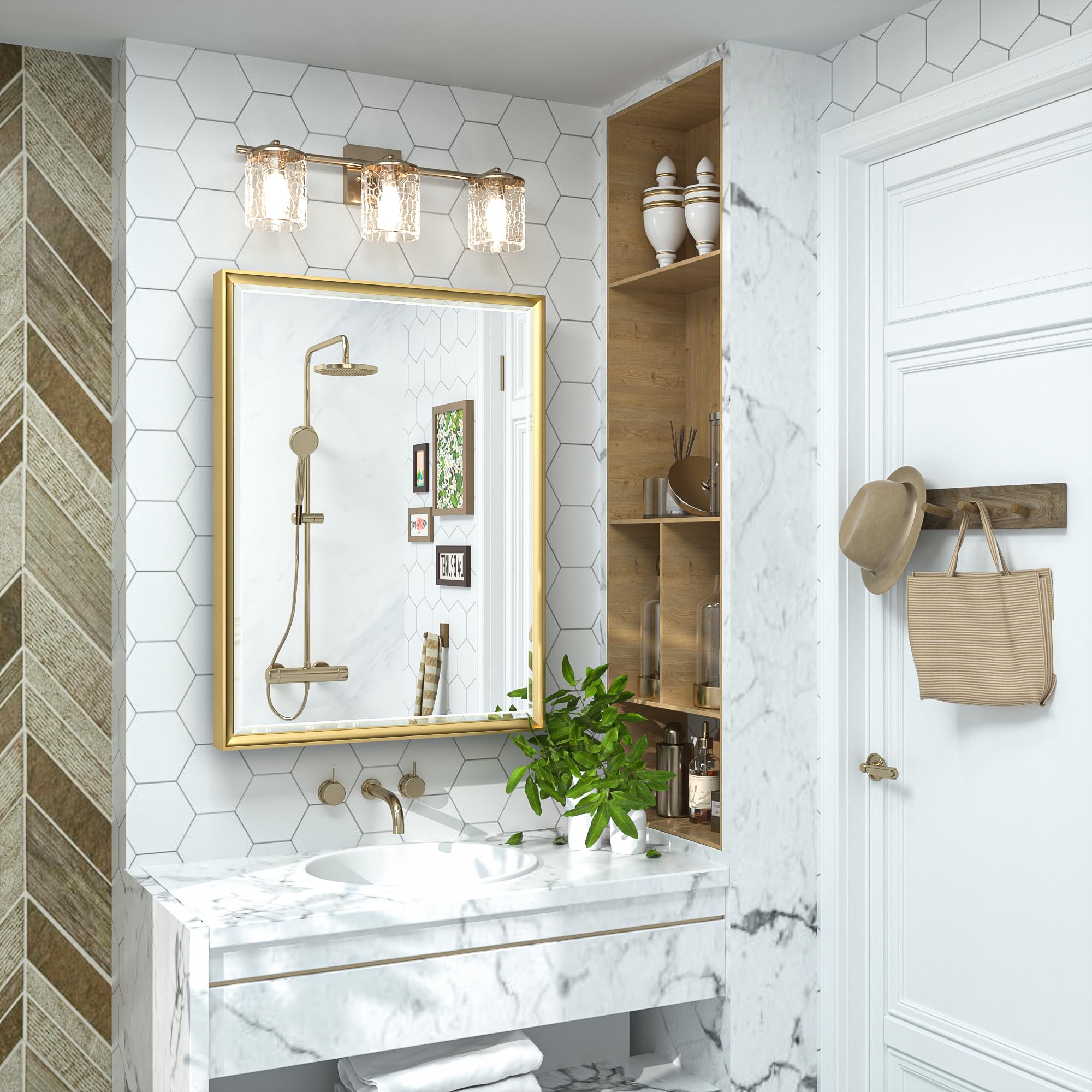 TokeShimi 20x26 Inch Recessed Medicine Cabinet with Mirror - Wall Mounted Bathroom Storage, Aluminum Gold Framed Vanity Cabinet with Beveled Edge Mirror for Bathroom, Bedroom, or Powder Room Organization