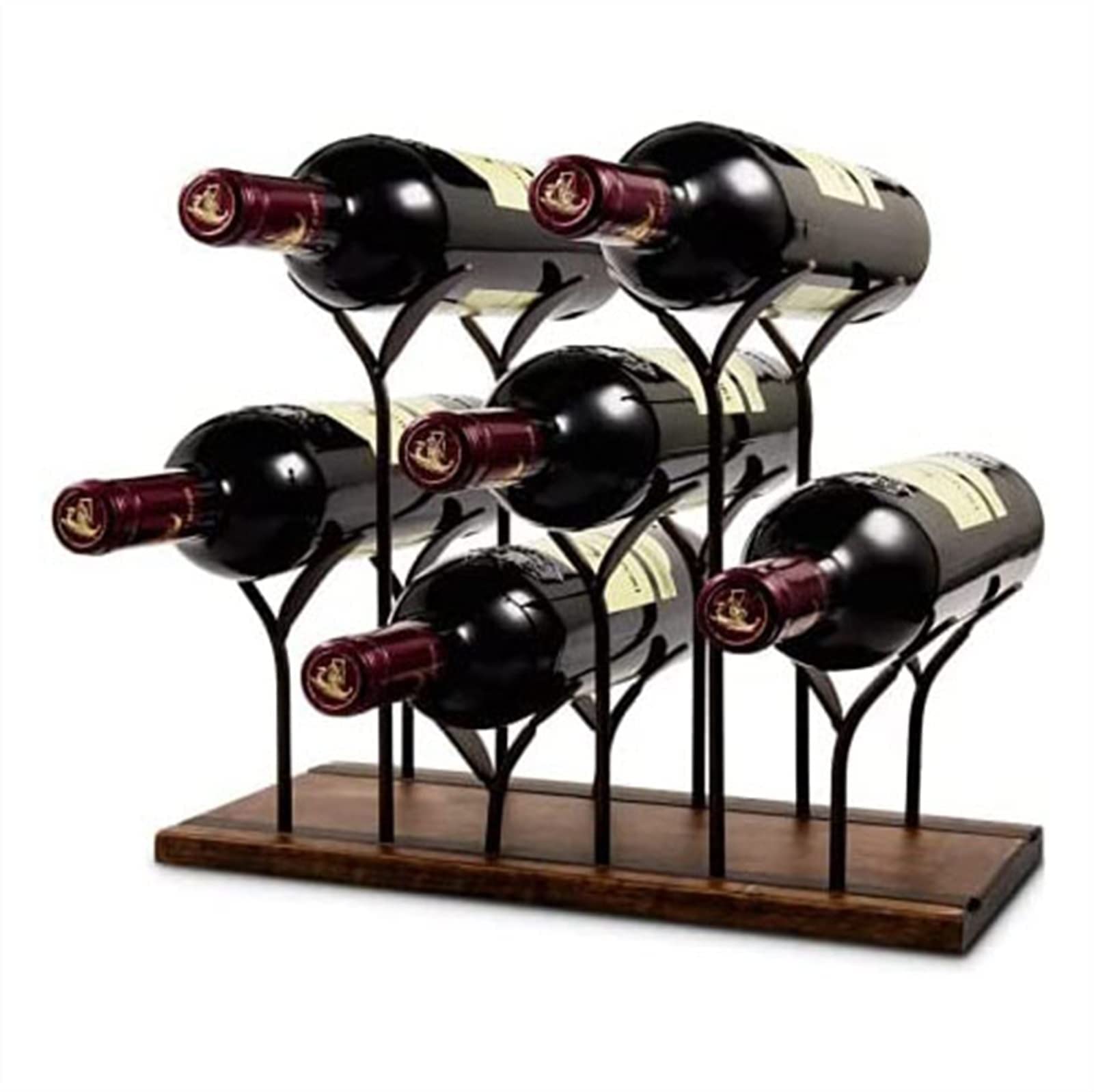 AWJ Tabletop Wood Wine Holder - 6 Bottle Countertop Wine Rack for Home, Kitchen, Bar & Wine Cellar | Sturdy Wood & Metal Design | Perfect for Kitchen Storage, Cabinet Organization & Pantry Decor