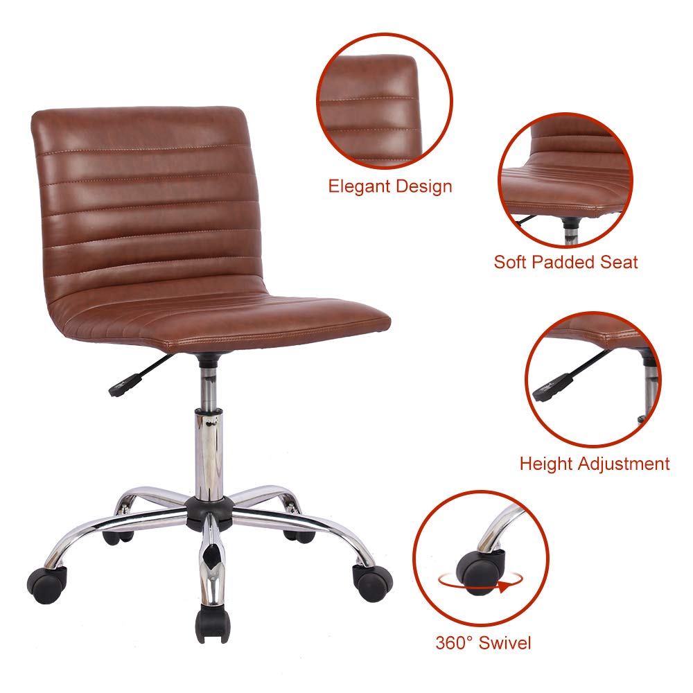 Ergonomic Armless Leather Swivel Office Chair - Mid Back Ribbed Task Chair for Home & Office - Adjustable White Desk Chair for Adults & Kids - Perfect for Workstations, Vanity Desks & Study Areas (Brown)