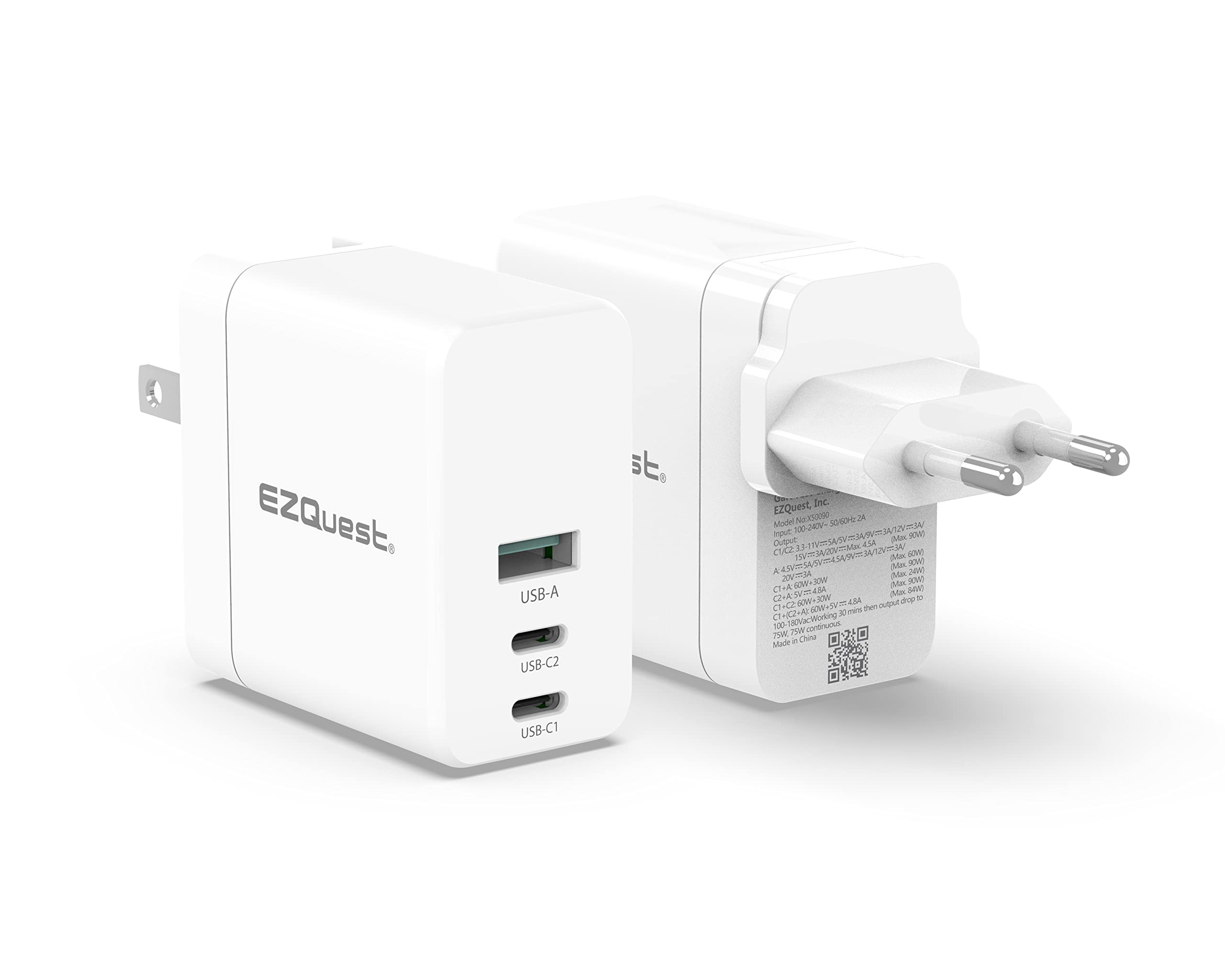 EZQuest 90W USB C Charger - Dual USB-C & USB-A Ports with 2M Cable - PD Fast Charging GaN Wall Adapter - Compatible with MacBook Pro, iPhone, iPad, Samsung - Perfect for Home, Office & Travel Charging