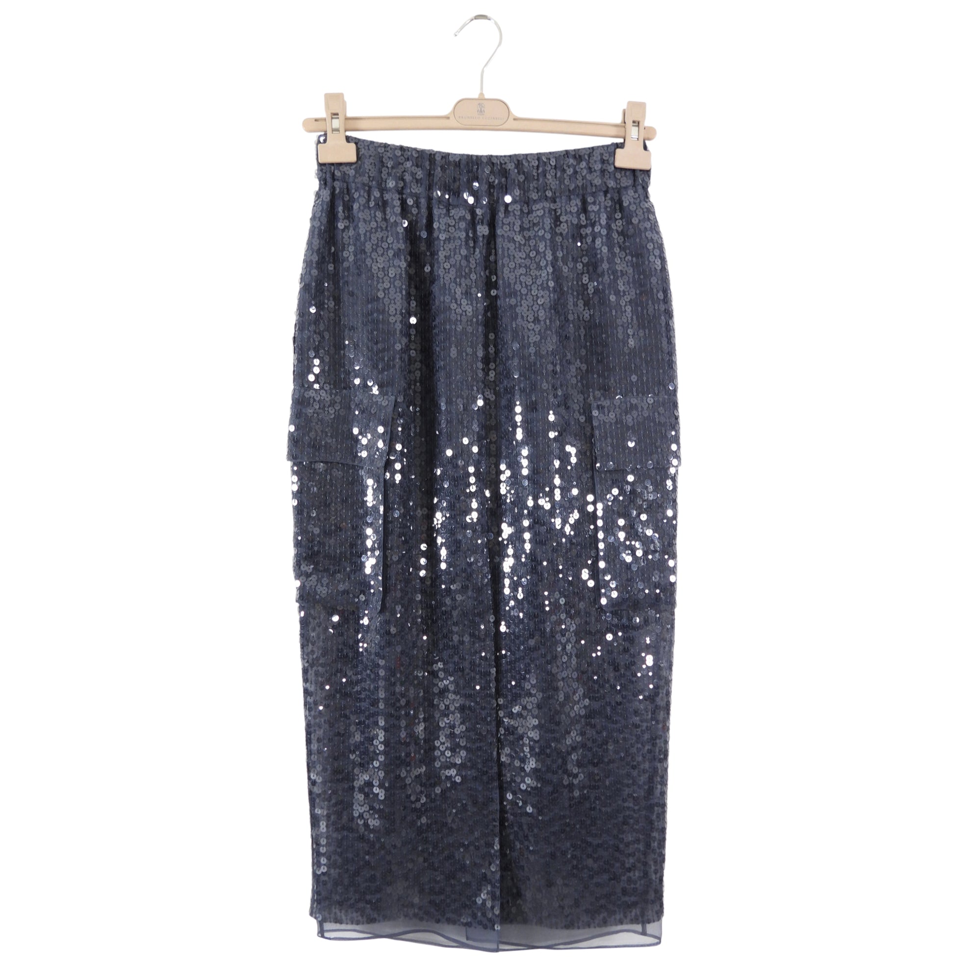 Brunello Cucinelli Grey Long Sequin Silk Cargo Skirt for Women - Size S (4/6) | Elegant Party Wear & Evening Outfits for Special Occasions