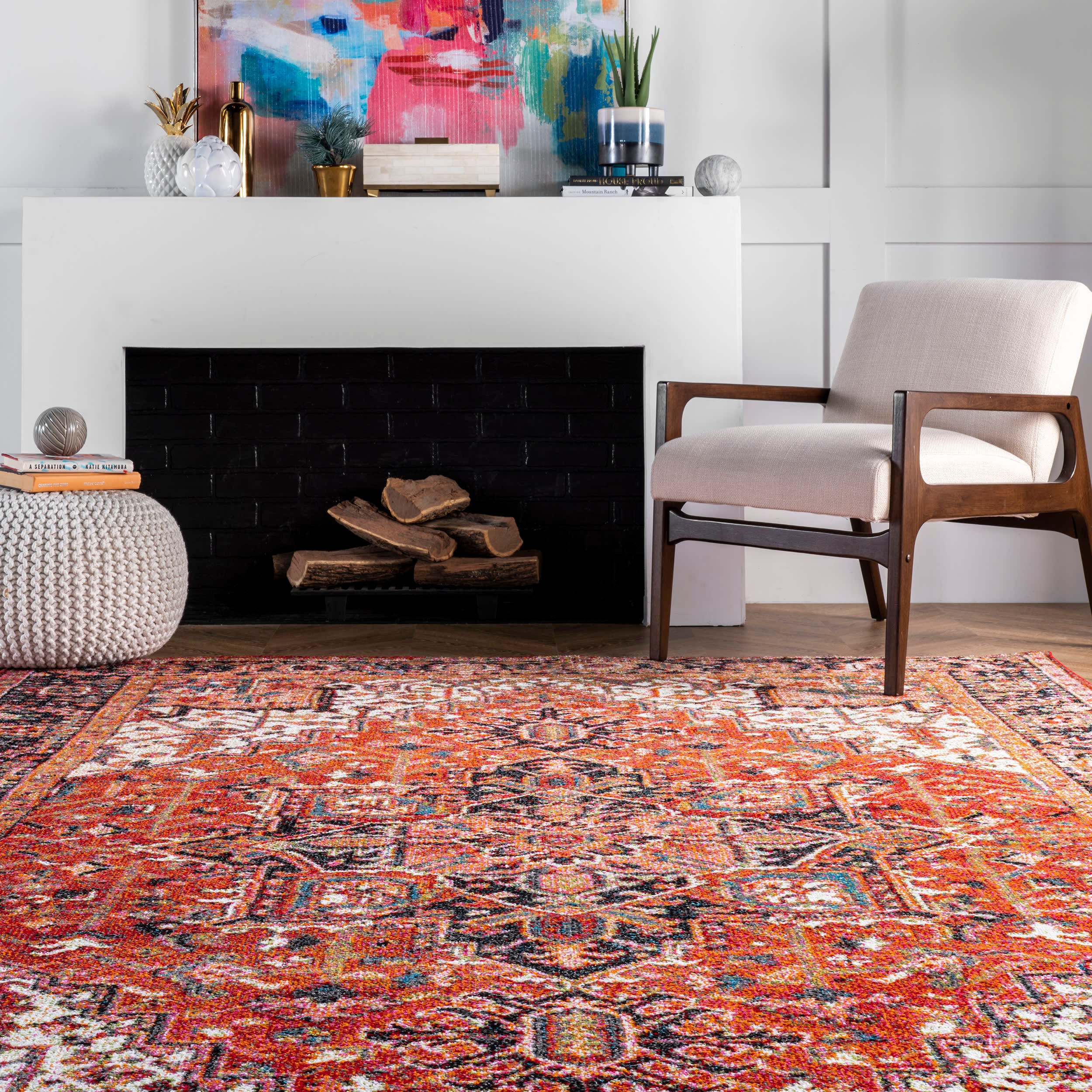 Blossom Emblem Non-Slip Indoor Outdoor Area Rug - Dark Orange Floral Design, Durable & Water-Resistant for Living Room, Bedroom, Patio, or Deck