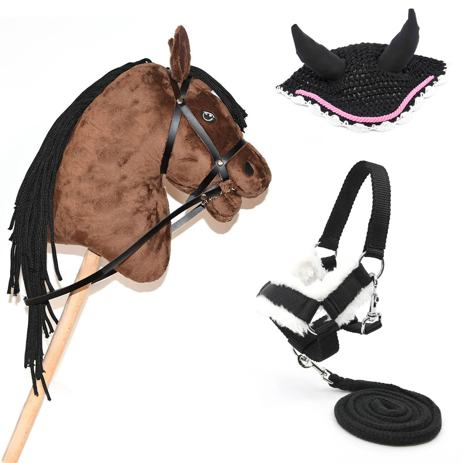 Brown Hobby Horse Stick with Black Bridle, Lunge Line & Pink Trim Bonnet - Equestrian Toy for Kids | Perfect for Playtime, Birthday Gifts & Pretend Riding Games