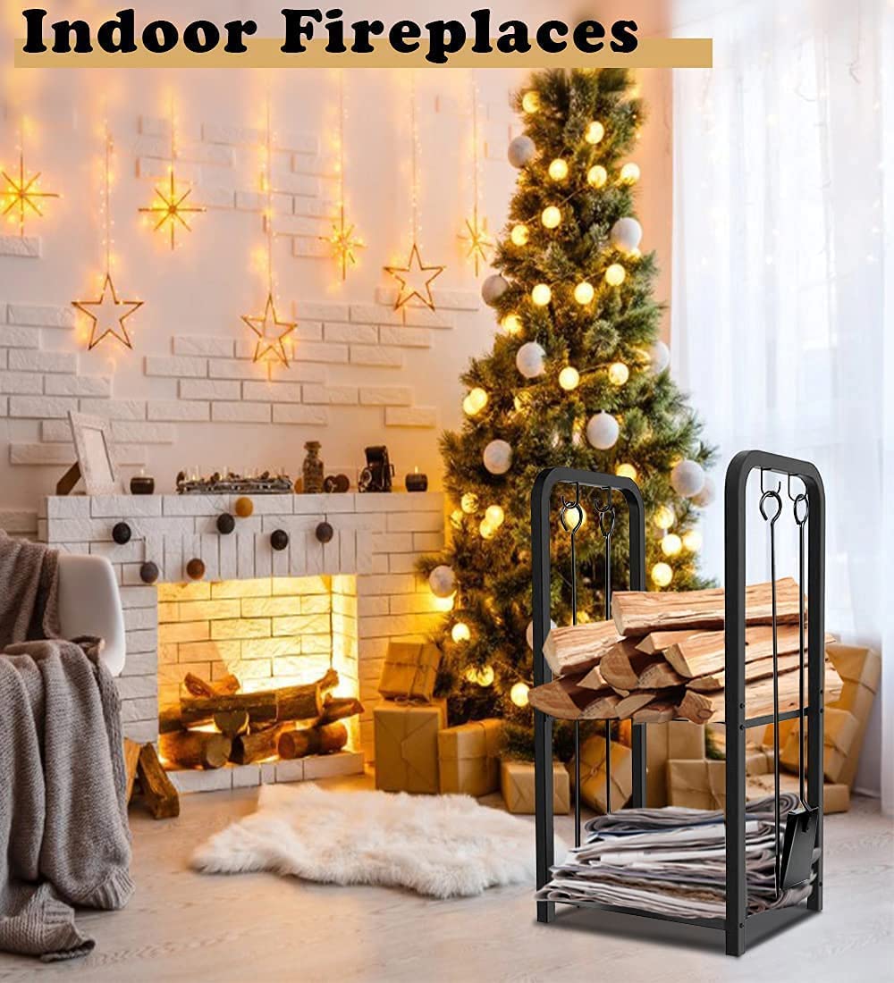 Artibear 4ft Outdoor Firewood Rack with Indoor Small Wood Storage Holder for Fireplace - Heavy Duty Black Metal Log Holder for Patio, Deck, Backyard & Living Room Firewood Storage