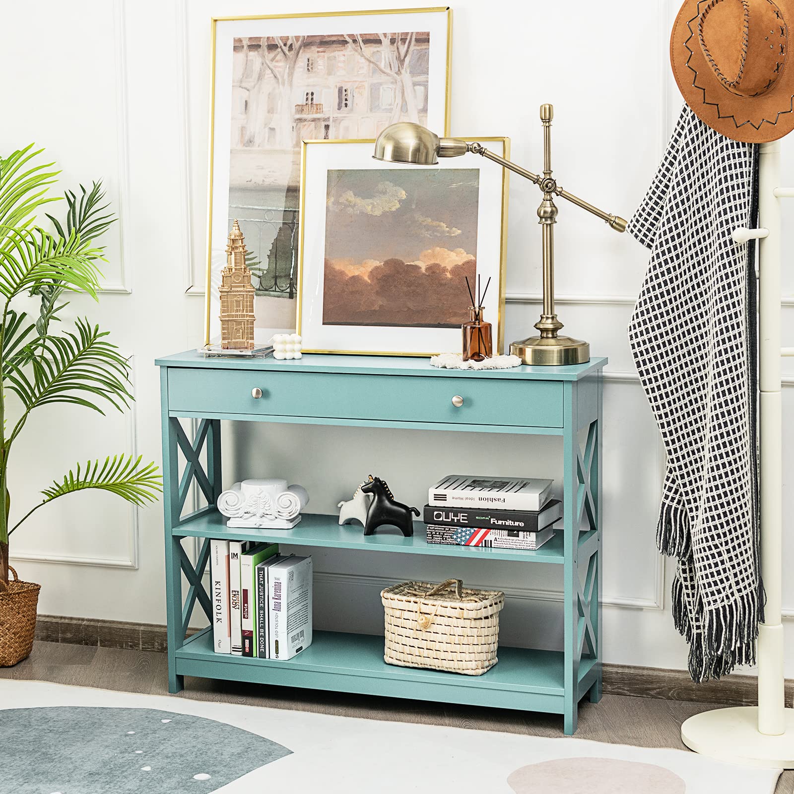 Giantex 3-Tier Console Table with Drawer & Storage Shelves - X-Design Entryway Sofa Table for Hallway, Living Room & Bedroom - Blue - Perfect for Small Space Organization & Home Decor