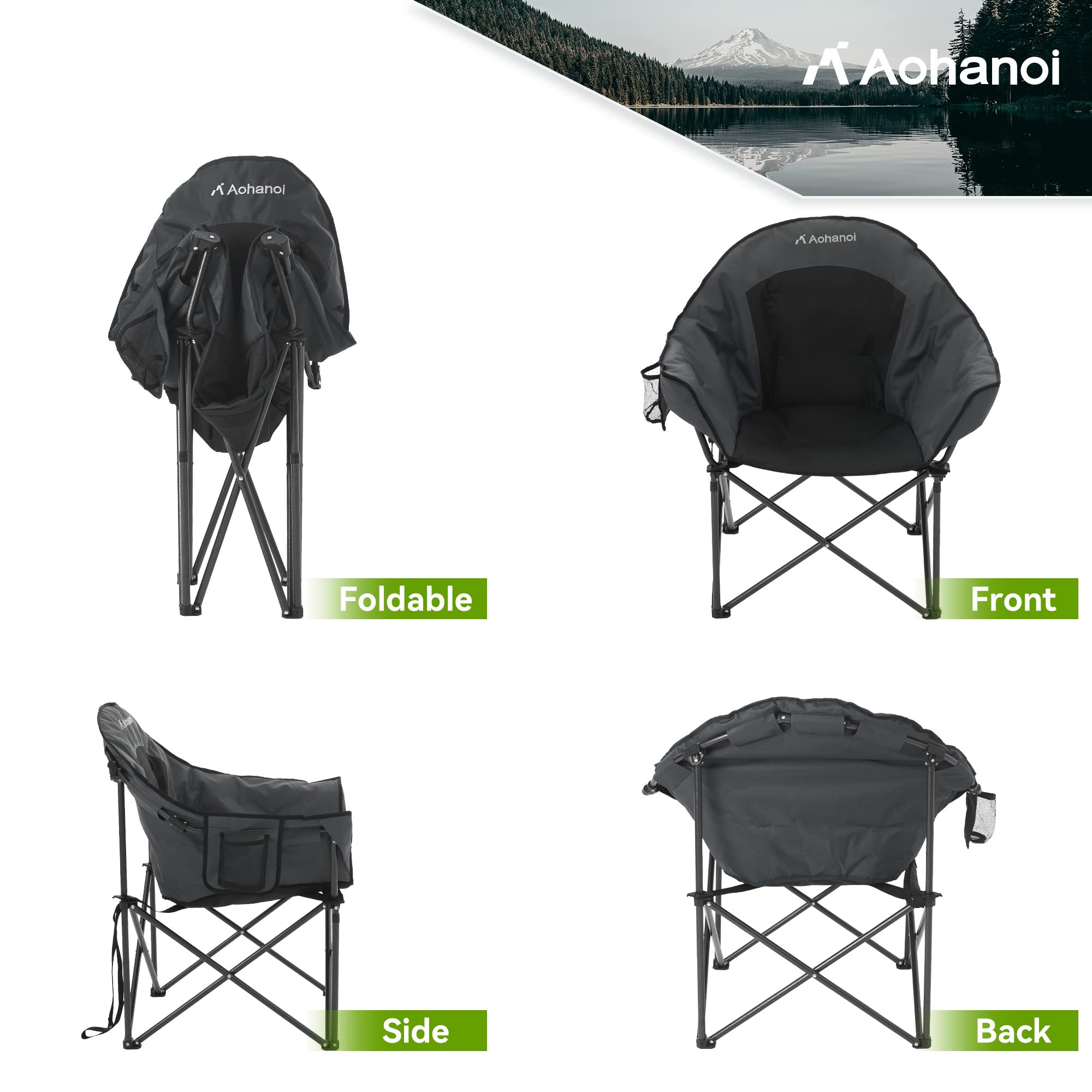 Extra Wide Heavy Duty Camping Chair for Adults - 350lbs Weight Capacity, Oversized Padded Folding Moon Chair for Outdoor, Lawn, Beach & Backyard Relaxation - Perfect for Camping, Picnics & Tailgating (Black)