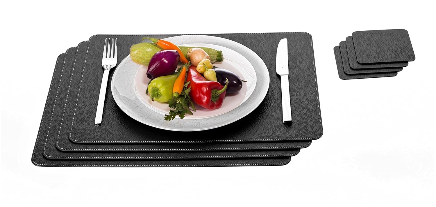 Eco-Friendly Black Recycled Leather Placemats and Coasters Set - 4 Table Mats (18