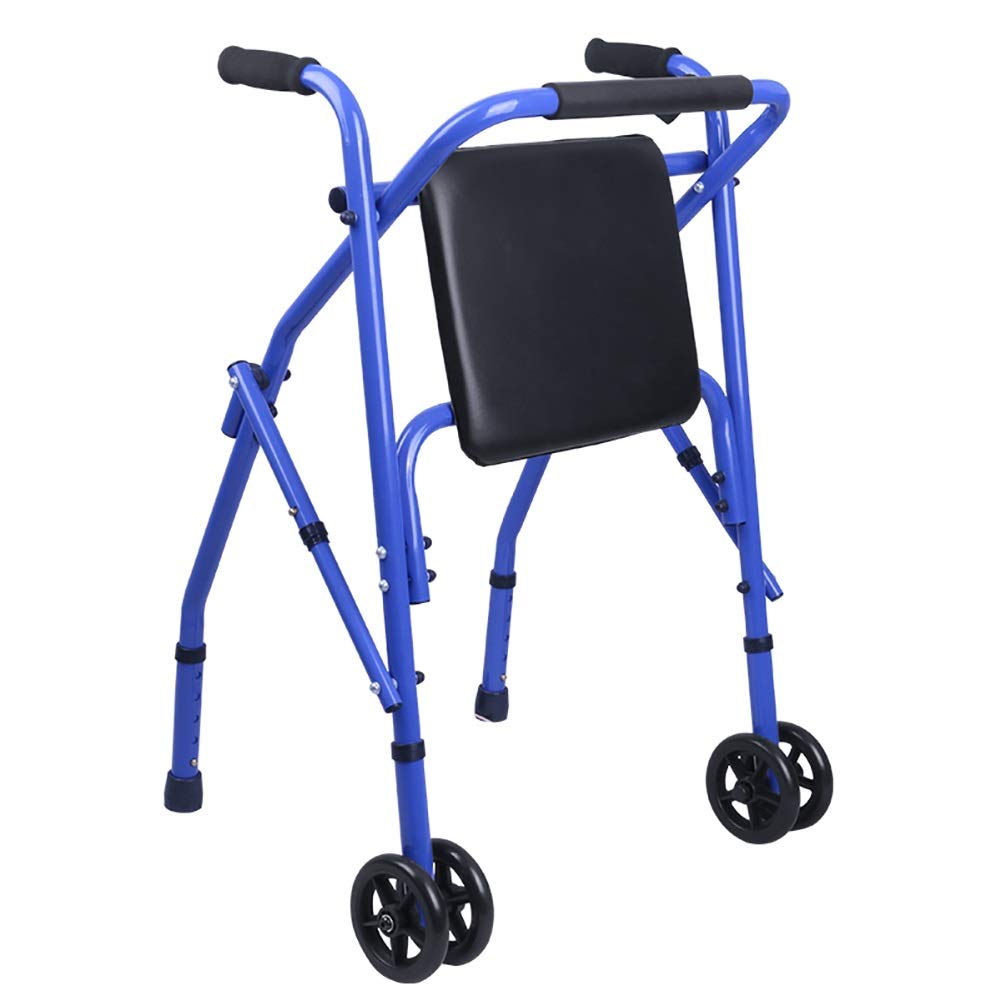 Portable Upright Walker for Seniors with Wheels - Heavy Duty Foldable Walker with PU Seat, Adjustable Height Aluminum Frame - Blue - Ideal for Indoor & Outdoor Mobility Assistance