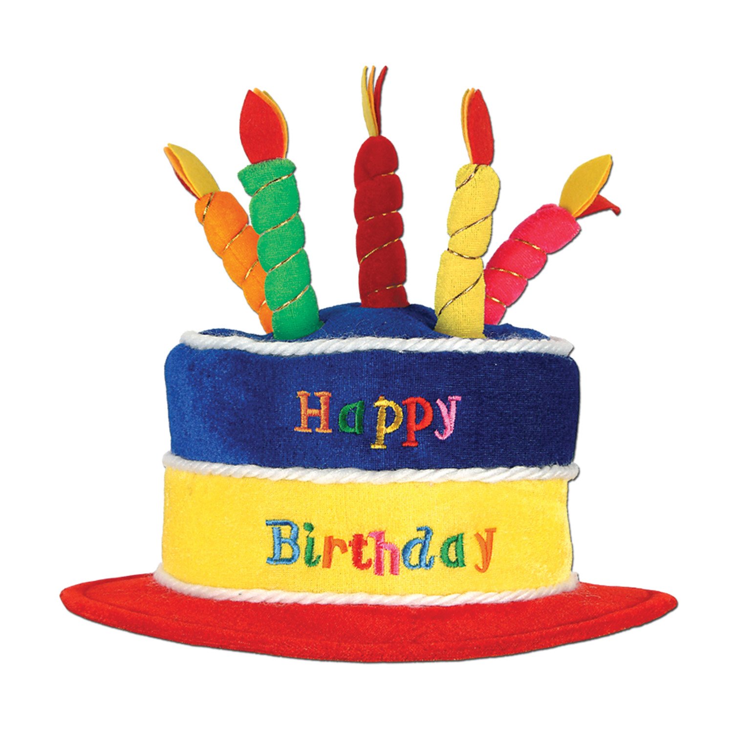 Beistle Plush Fabric Happy Birthday Cake Hat with Candles - Adult Size Unisex Party Hat for Photo Booth, Costume Accessories & Birthday Celebrations