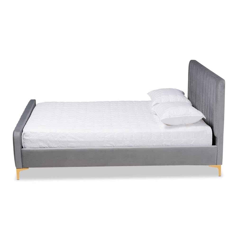 BOWERY HILL Grey Fabric Upholstered Queen Size Platform Bed with Gold Finish - Modern Bedroom Furniture for Small Spaces & Guest Rooms