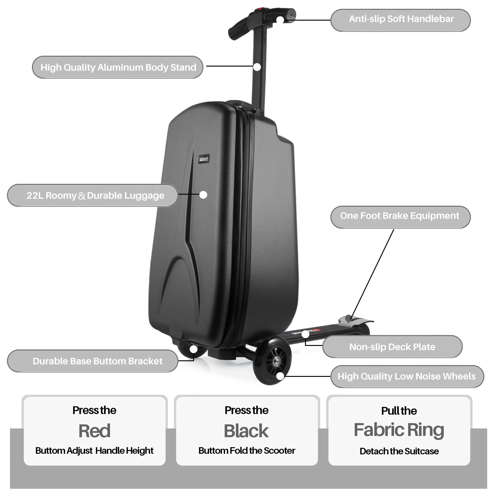 iubest 4-in-1 Detachable Foldable Scooter Luggage for Kids Age 4-15 | Ride On Travel Trolley & Carry On Suitcase Combo - Black | Perfect for Airports, Theme Parks & Family Vacations