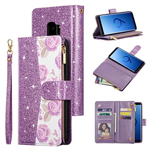 Premium PU Leather Wallet Case for Samsung Galaxy S9 Plus - Magnetic Closure, Zipper Pocket, Kickstand & Card Slots with Hand Strap | Elegant Flip Phone Case for Women | Perfect for Work, Travel & Everyday Use