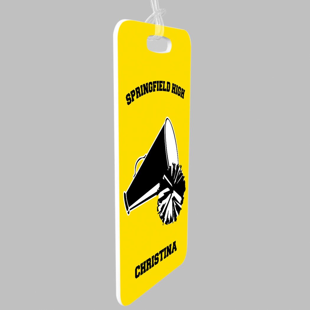 Personalized Cheerleading Luggage Tag - Custom Cheer Team Pom Pom & Megaphone Design - Small Yellow/Black Bag Tag with Standard Lines - Perfect for Gym Bags, Cheer Competitions & Travel Accessories
