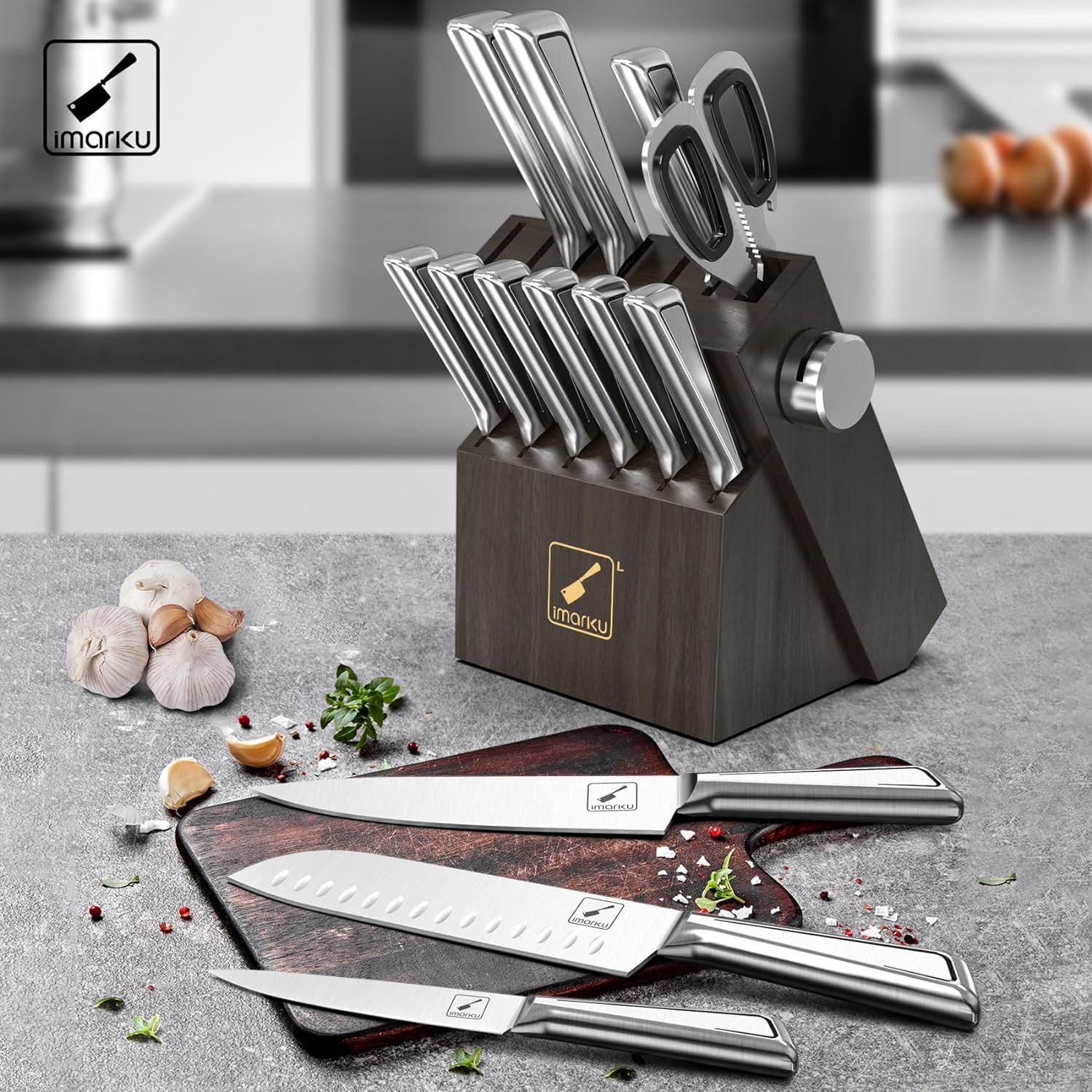 Imarku G14 14-Piece Japanese Stainless Steel Knife Set with Block & Built-in Sharpener - Ergonomic Non-Slip Handle, Dishwasher Safe - Perfect for Home Chefs, Cooking Enthusiasts & Kitchen Essentials (Great Gift for Weddings & Housewarmings)
