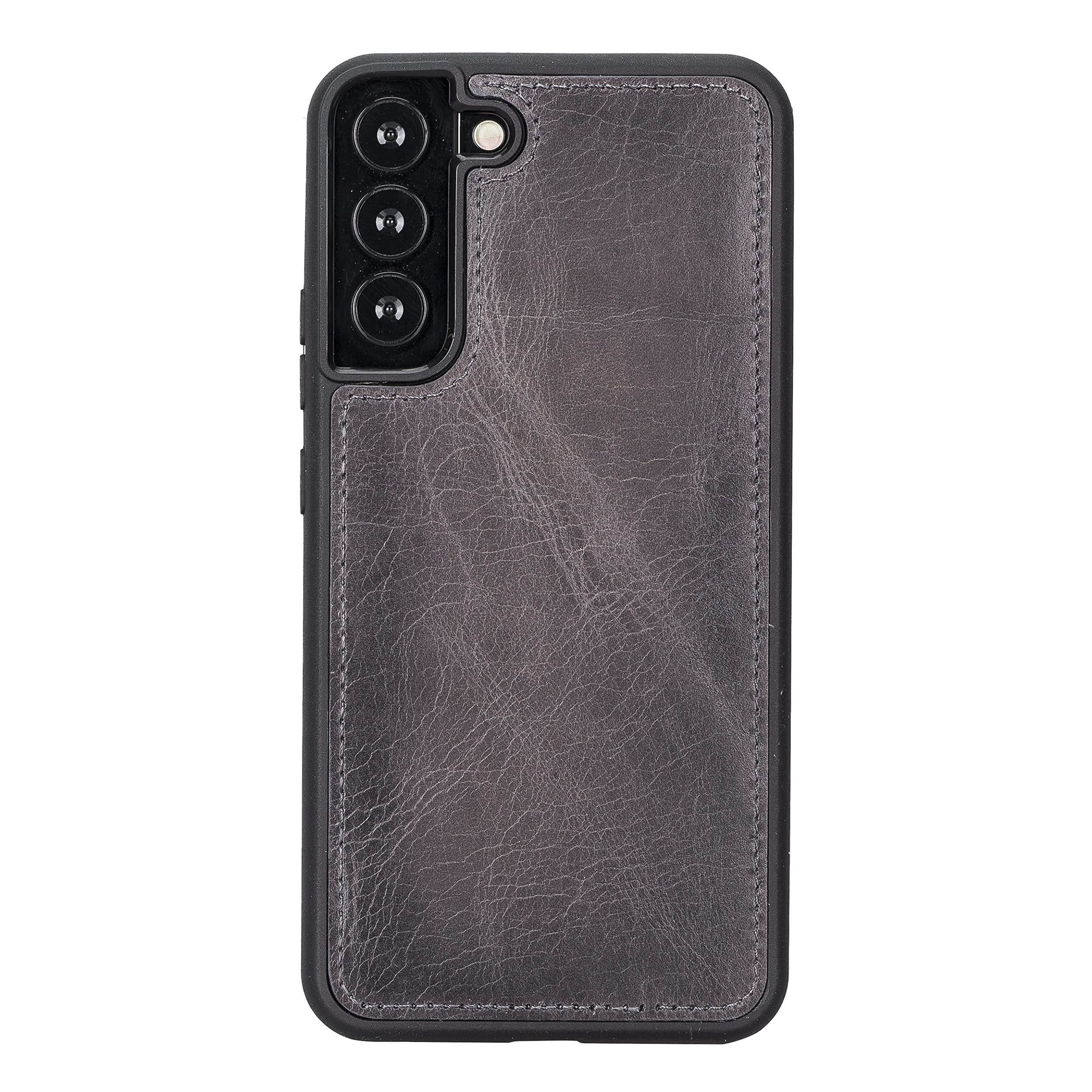 Premium Full Grain Leather Tri-Fold Wallet Case for Samsung Galaxy S22 Plus - 2-in-1 Magnetic Flip Cover with Card Slots & Detachable Durable Frame (Smoked Black) | Perfect for Business, Travel & Everyday Use