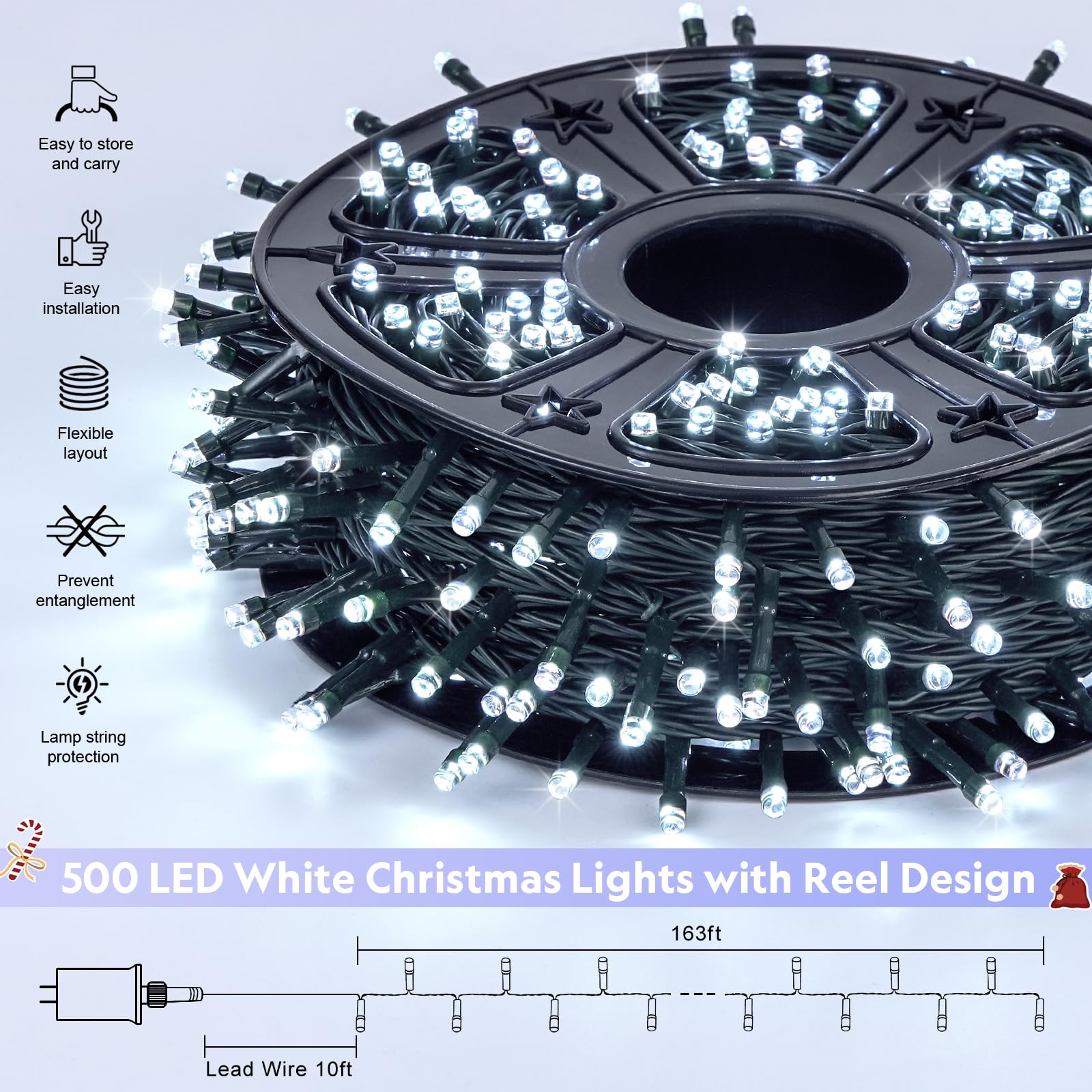 JMEXSUSS 500 LED White Christmas Lights Outdoor, 173ft 8 Modes Waterproof String Lights with Green Wire - Perfect for Christmas Tree, House, Wedding, Party & Indoor/Outdoor Holiday Decorations
