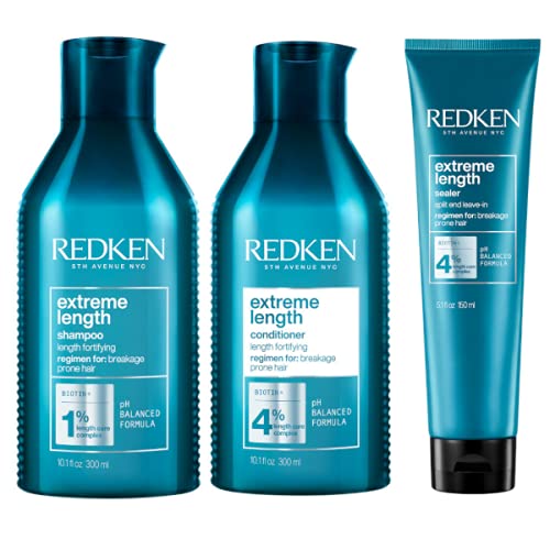 Redken Extreme Length Shampoo & Conditioner Set (300ml x2) + Split End Sealer Leave-In Treatment (150ml) - Hair Growth & Repair Trio for Damaged Hair | Salon-Quality Care for Long, Strong & Healthy Locks