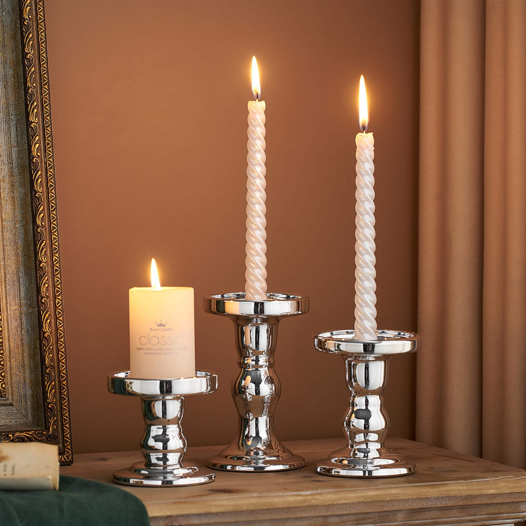 Silver Glass Candle Holders Set of 3 - Elegant Taper & Pillar Candle Stands for Weddings, Parties, Dinner Table Centerpieces - Perfect Holiday Decor & Gift Idea for Home, Christmas, Thanksgiving, and Special Occasions