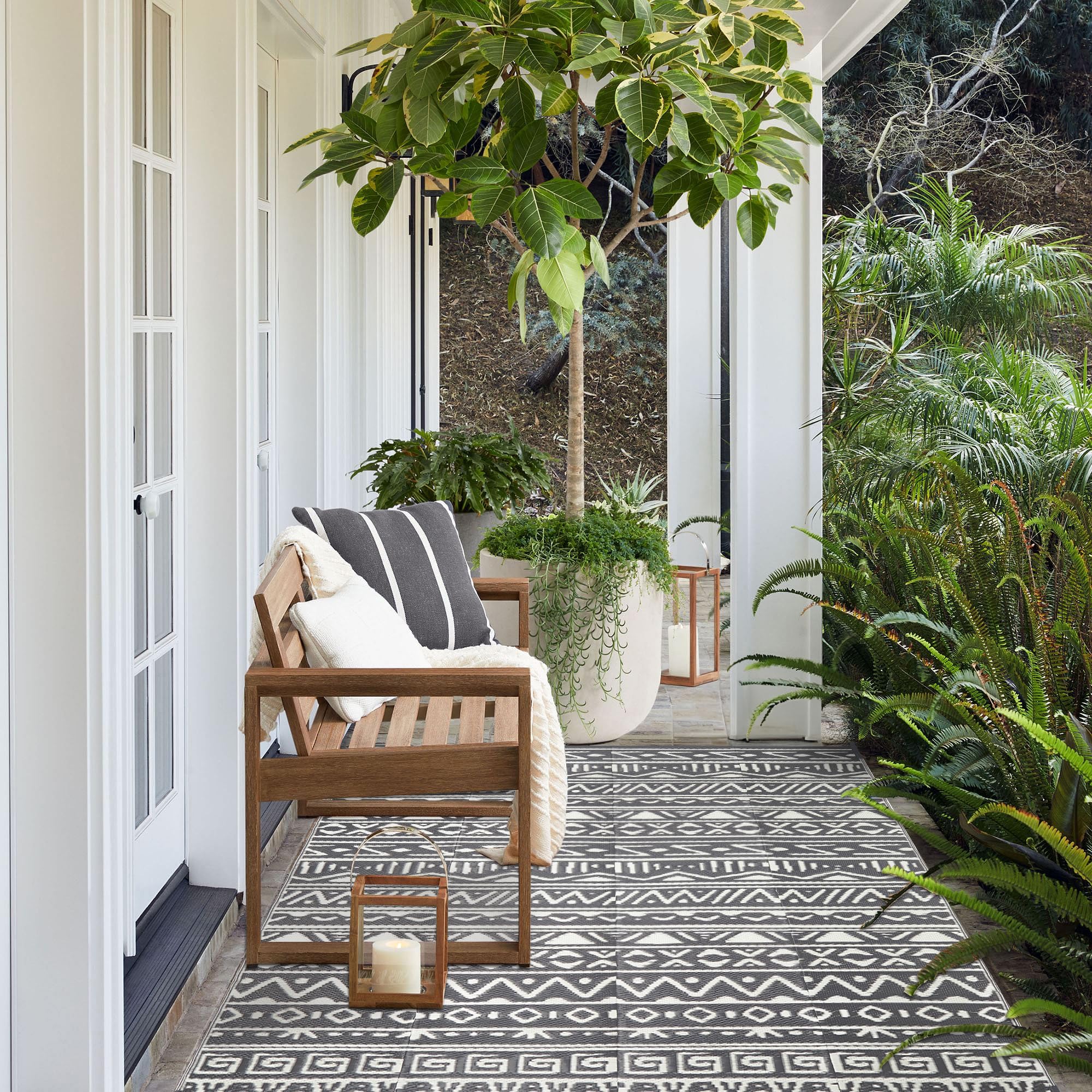Boho Waterproof Reversible Plastic Straw Rug - 9x12 Outdoor/Indoor Geometric Carpet for Patio, Deck, Balcony, Camping & RV - Gray Washable Large Area Mat | Perfect for Beach, Porch & Outdoor Gatherings