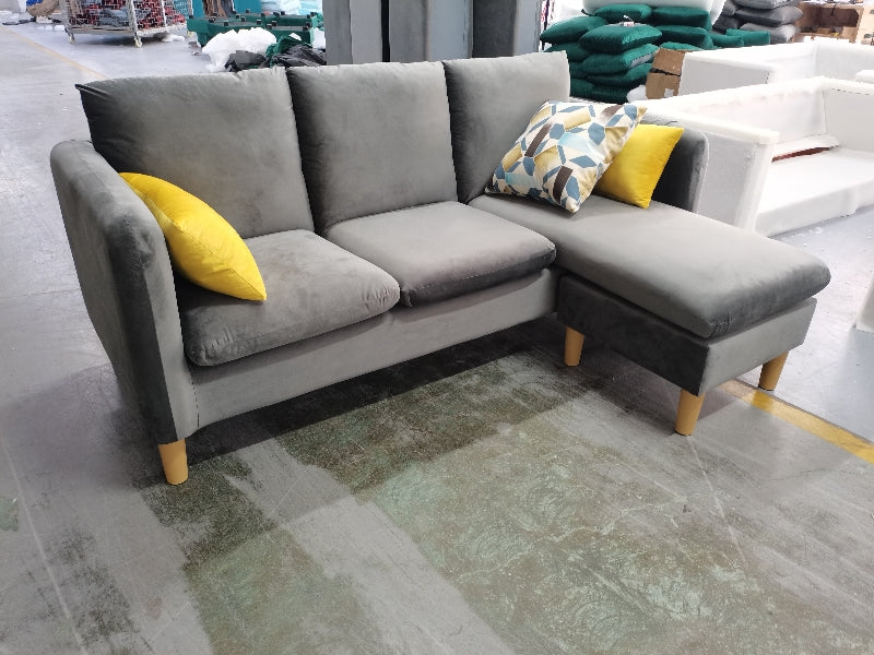 Luxury Grey Velvet Sectional Sofa with 3 Decorative Throw Pillows - Convertible Chaise to Floating Ottoman (Model Alma) - Perfect for Living Room, Lounge & Small Spaces