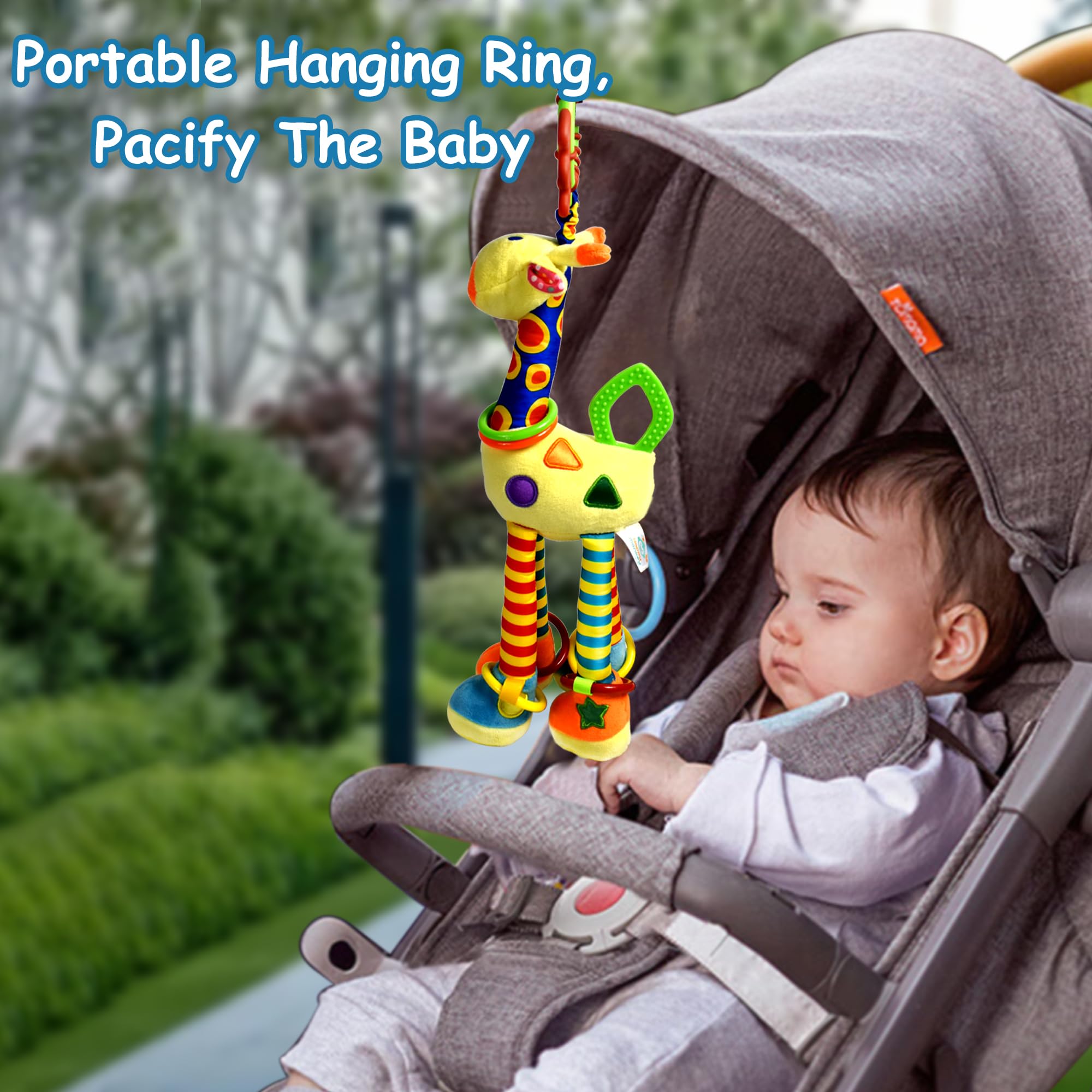 **Soft Giraffe Hanging Rattle Toy - 15 Inch Crinkle & Squeaky Baby Activity Toy for Stroller, Car Seat & Crib - Perfect Gift for Newborns & Infants 0-12 Months - Stimulate Senses & Encourage Play**    *(Use Case: Ideal for keeping babies entertained during car rides, stroller walks, or crib playtime while promoting sensory development.)*