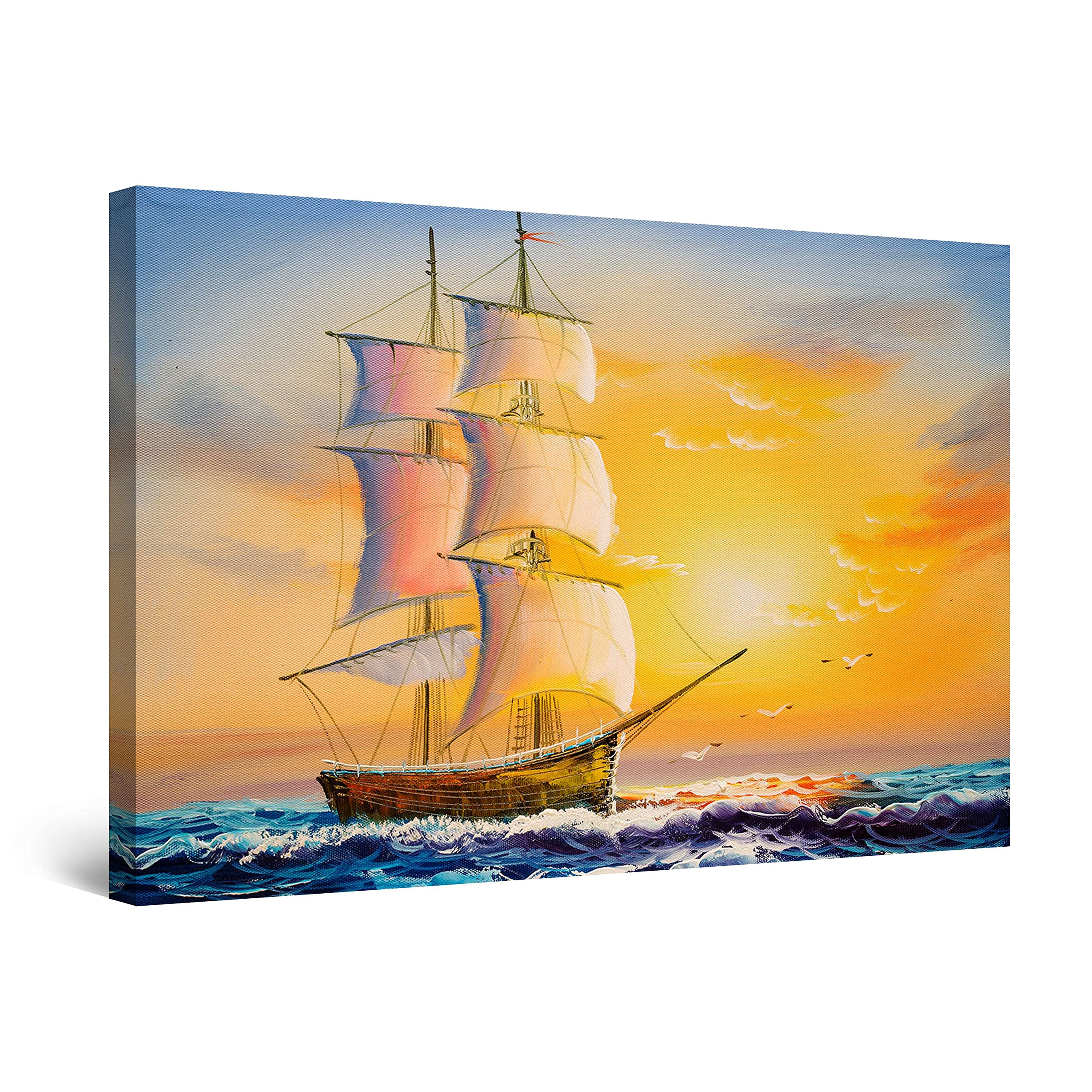 Stunning Sunset Ship Canvas Wall Art - 24x36 Inch Stretched Ready-to-Hang Painting for Living Room, Bedroom & Office Decor | Modern Nautical Day & Night Effect Home Decor | Perfect Gift for Housewarming & Coastal Theme Interiors