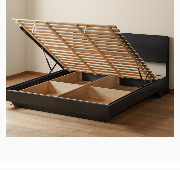 Solid Oak Wood Floating Platform Bed with LED Lights - Modern Smoky Finish for Bedroom, Guest Room, or Studio Apartment