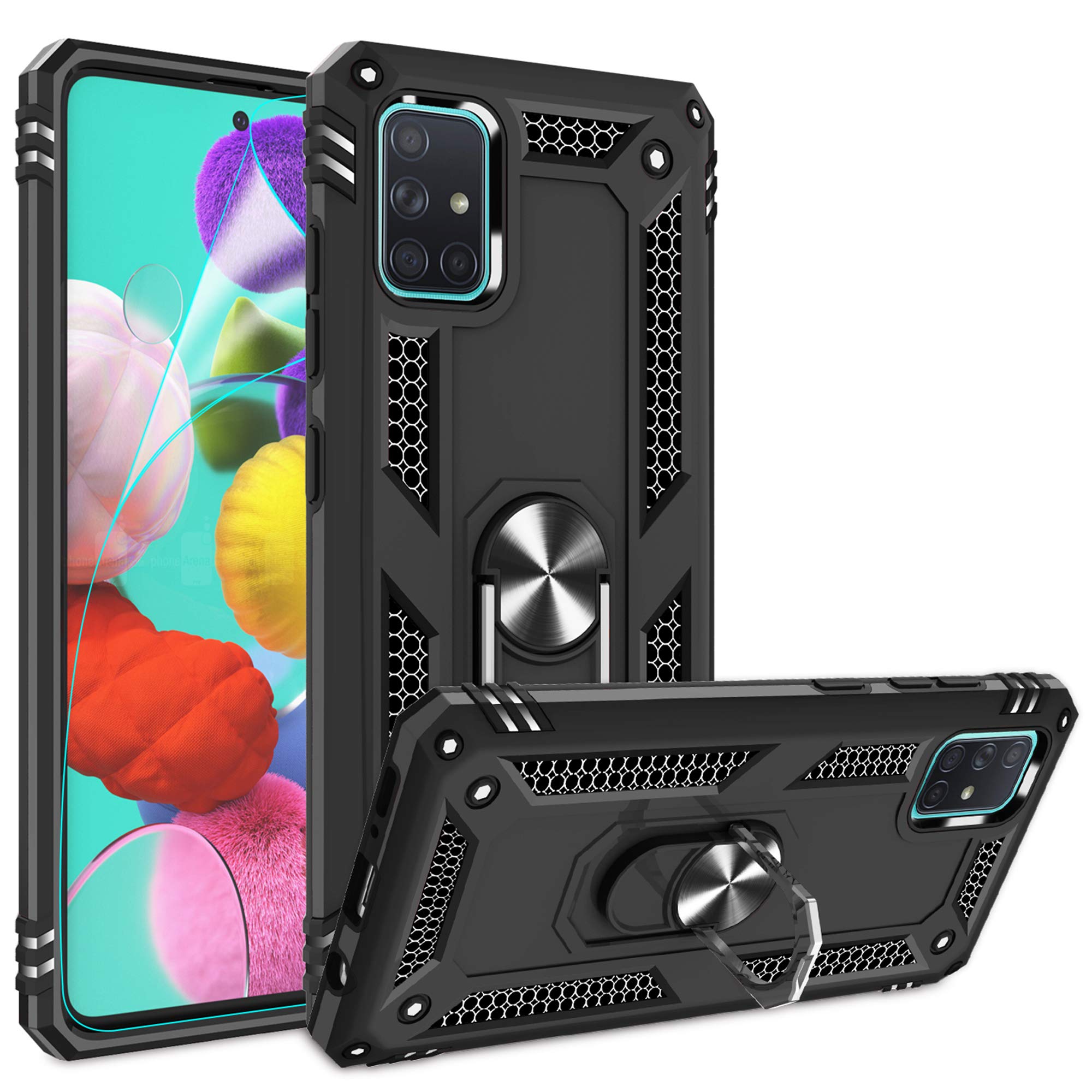 Gritup Samsung Galaxy A51 Case (Not Compatible with A51 5G) - Military-Grade Protective Phone Cover with Magnetic Kickstand & HD Screen Protector | Shockproof Black Case for Work, Travel & Outdoor Activities