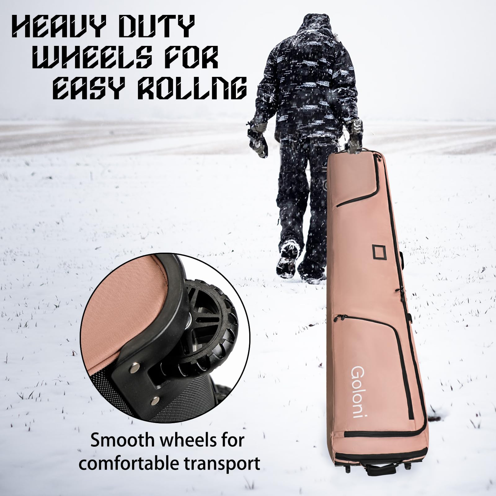 **Goloni Wheeled Ski and Snowboard Travel Bag - 600D Waterproof Padded Ski Carrier for Air Travel - Fits 2 Pairs of Skis - Foldable Design for Easy Storage - Perfect for Winter Vacations & Mountain Trips**