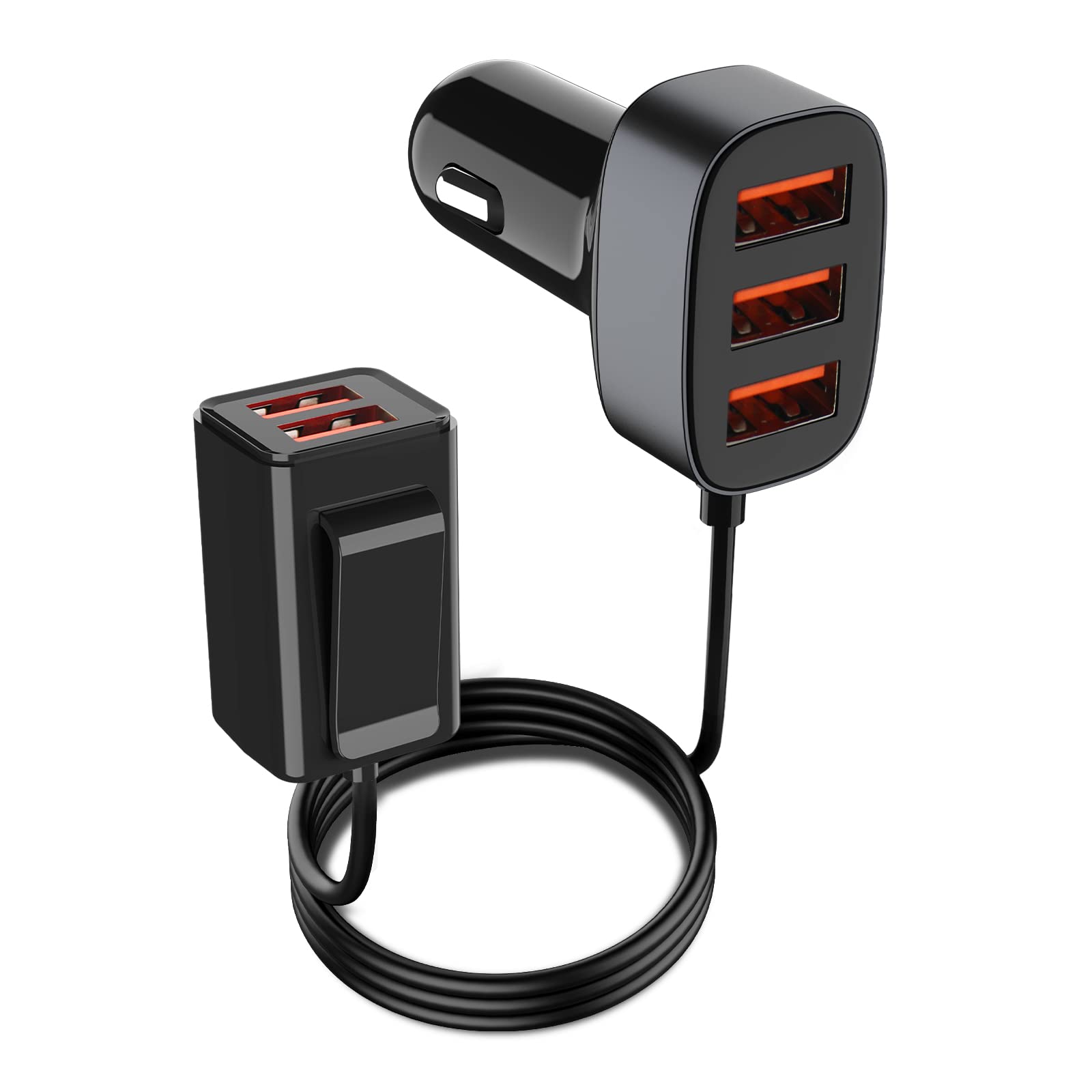 5-Port Multi USB Car Charger Adapter - Fast Charging for Smartphones, Tablets & Devices - 5FT/1.5M Cable for Front & Back Seat - Perfect for Road Trips, Family Travel & Commuting