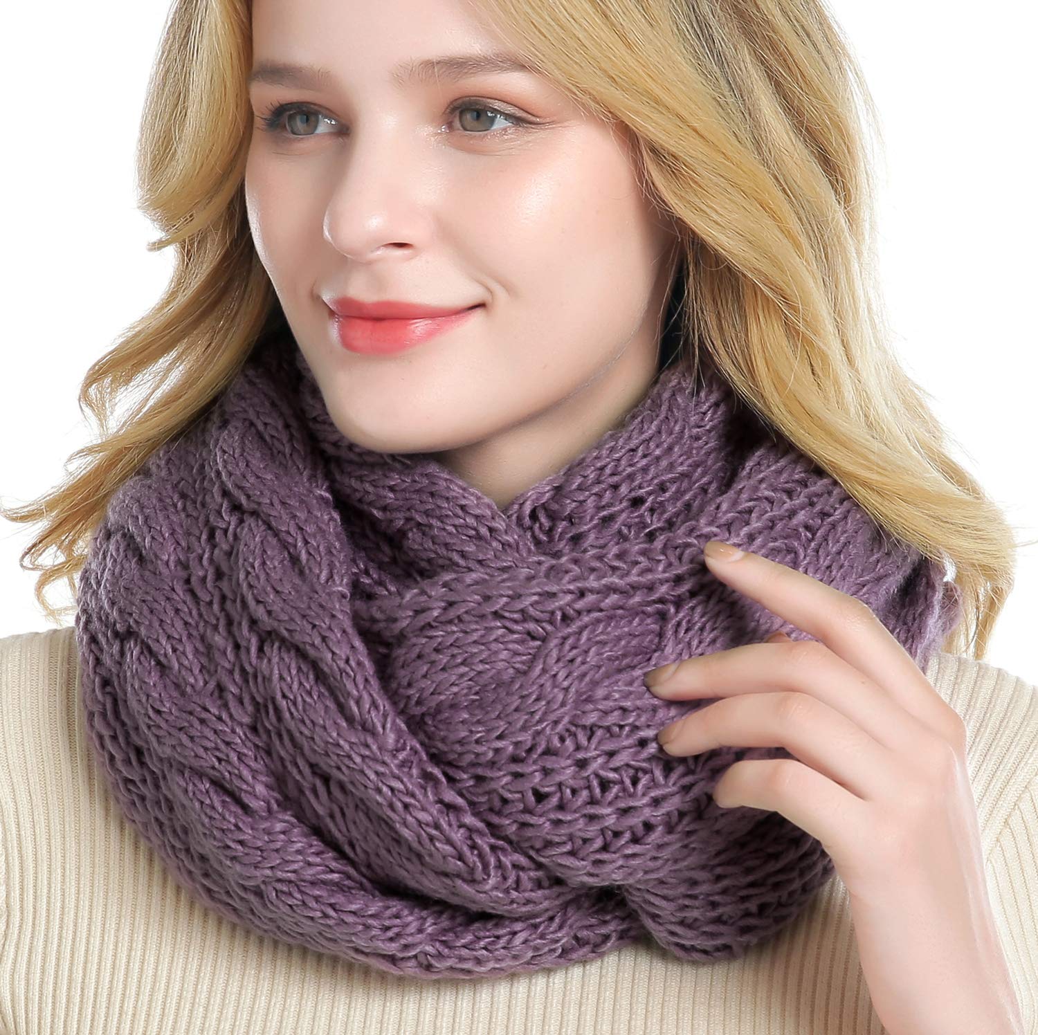 QUEENFUR Women's Winter Thick Cable Knit Ribbed Infinity Scarf - Warm Soft Loop Circle Scarf for Cold Weather, Outdoor Activities & Fashion Accessories