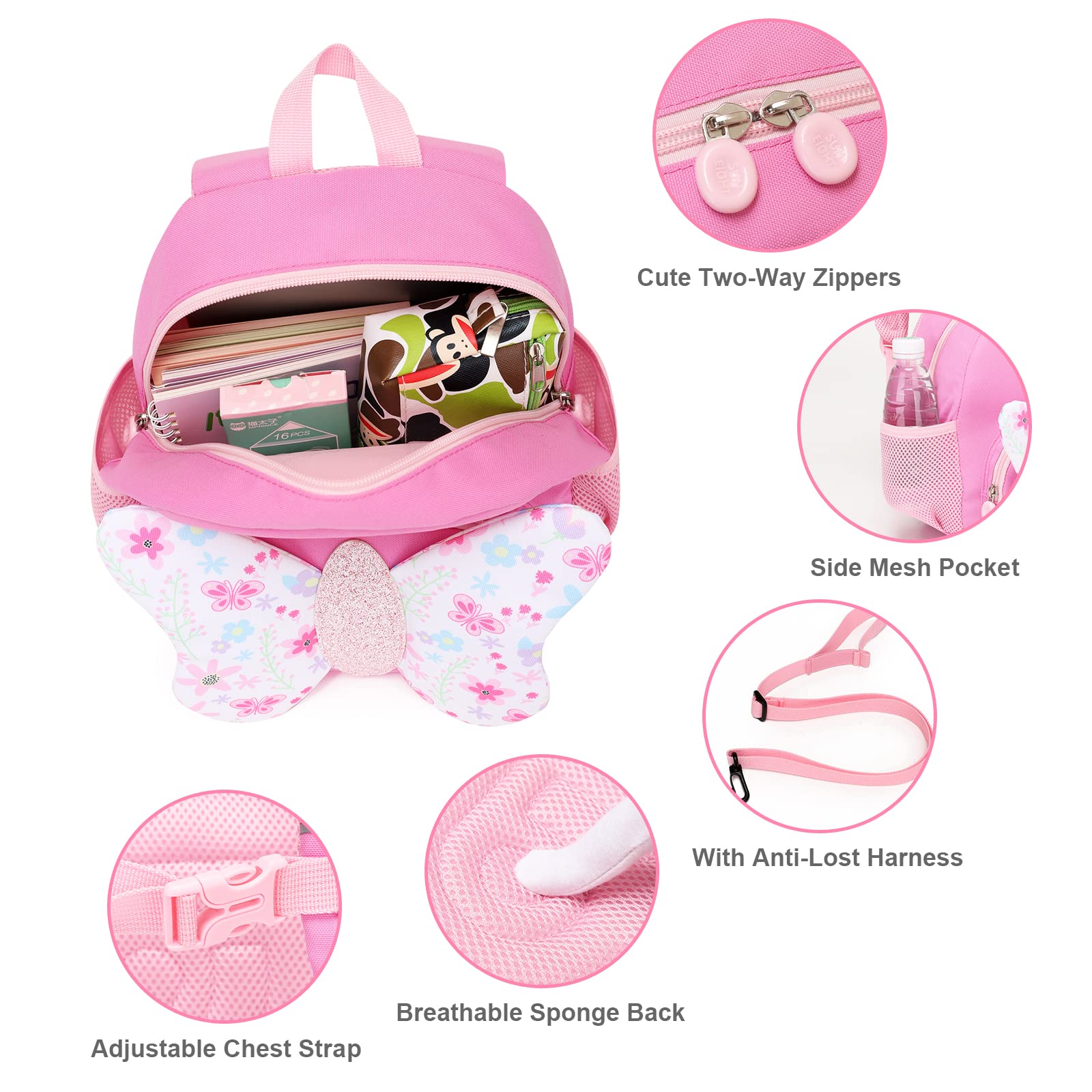 SUN EIGHT Toddler Backpack with Anti-Lost Harness - 3D Cartoon School Bag for Girls 1-4 Years (Butterfly) - Perfect for Preschool & Daycare