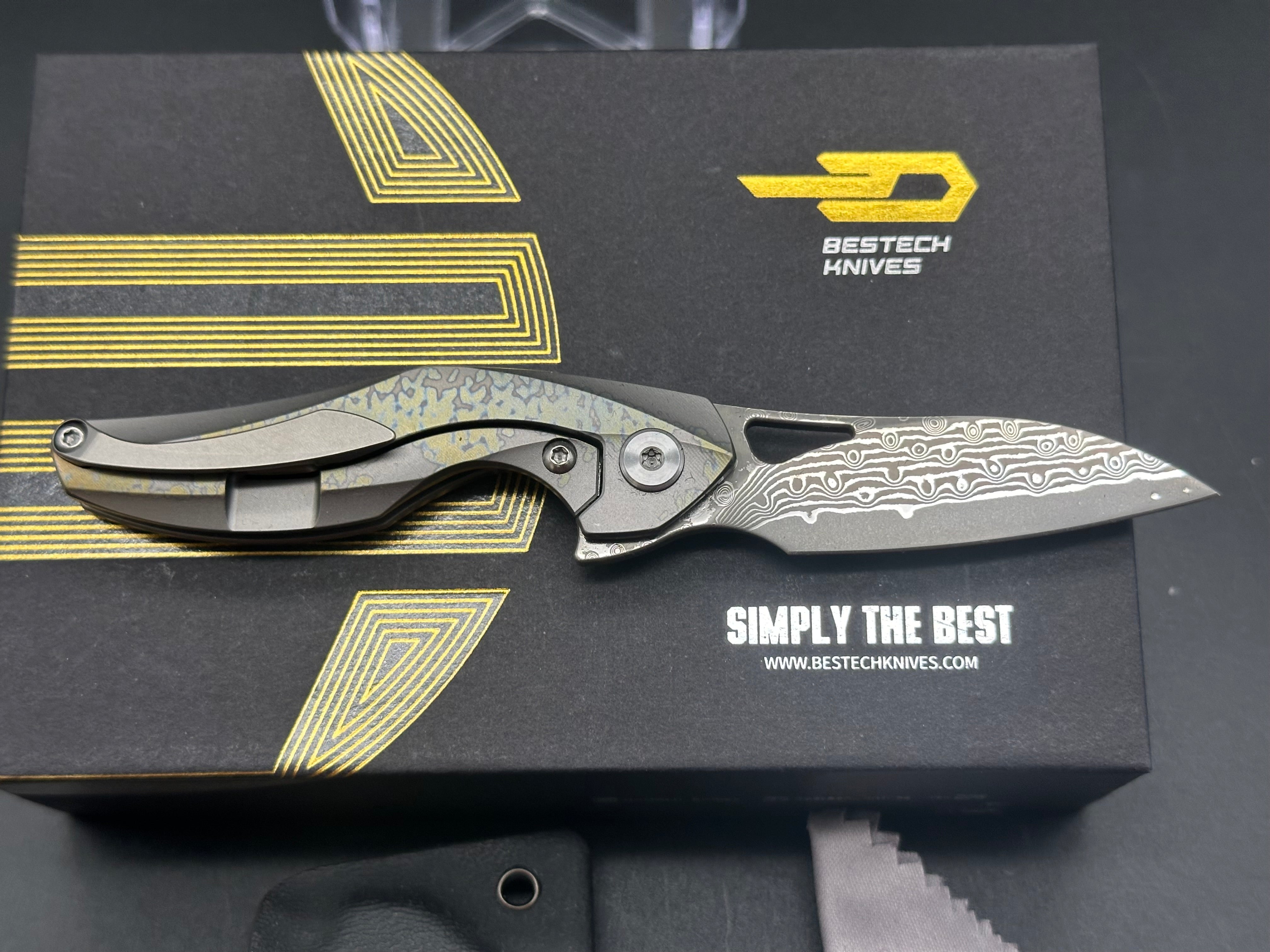 Bestech Isham Reticulan Frame Lock Folding Knife - Titanium Handle with Damascus Steel Blade - EDC Pocket Knife for Outdoor, Camping & Everyday Carry