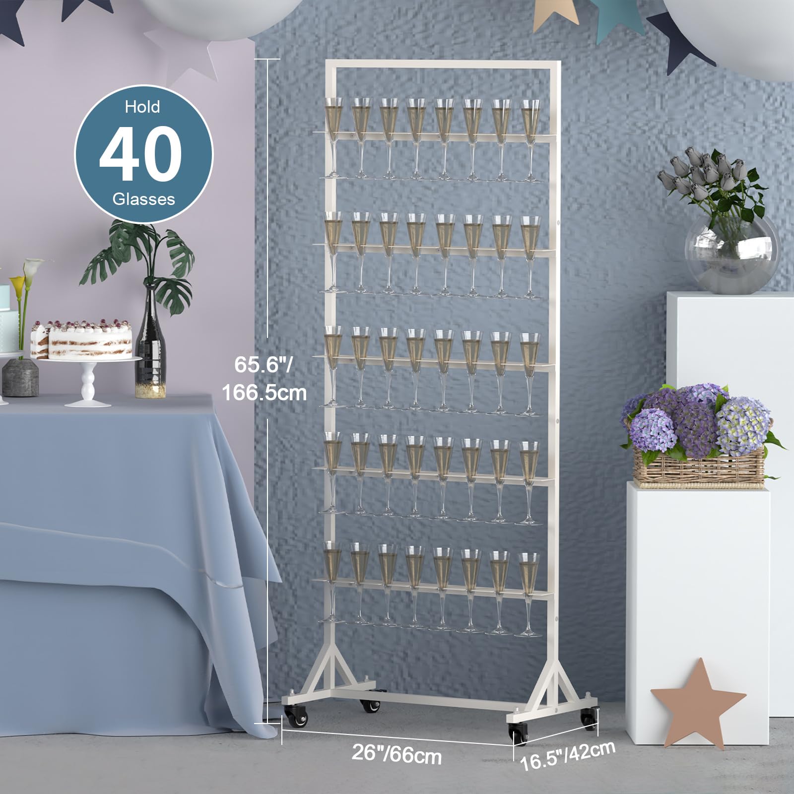 5-Tier Metal Champagne Wall Holder for Party - Holds 40 Glasses with Swivel Casters | Wedding, Birthday & Event Champagne Flute Display Stand (White, Glasses Not Included) - Perfect for Wedding Receptions, Bridal Showers & Cocktail Parties