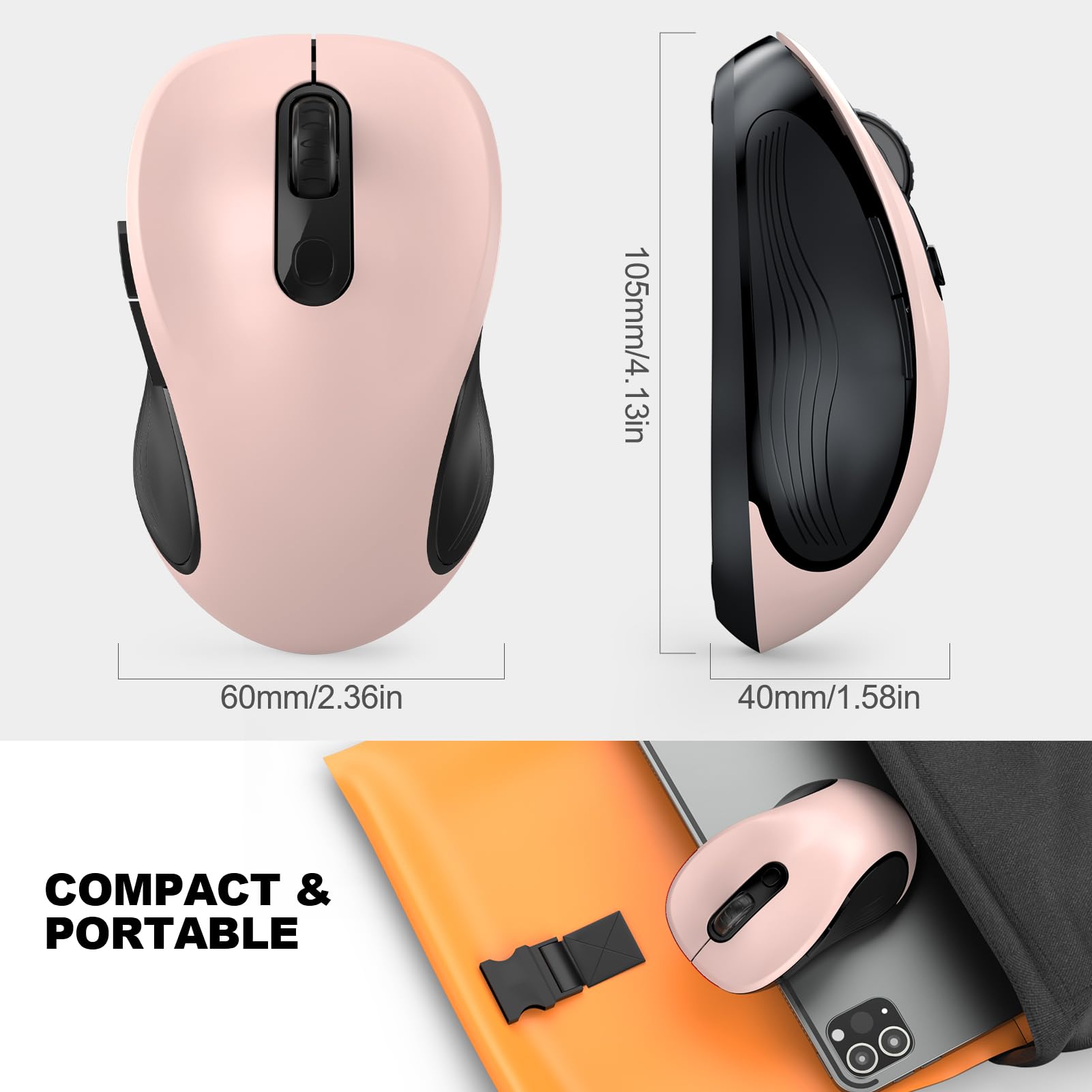 WisFox 2.4G Wireless Ergonomic Mouse for Laptop & PC - 6 Button Cordless Mouse with USB Receiver, 3 Adjustable DPI Levels - Compatible with Windows Mac Notebook - Perfect for Office Work, Gaming & Travel (Pink)