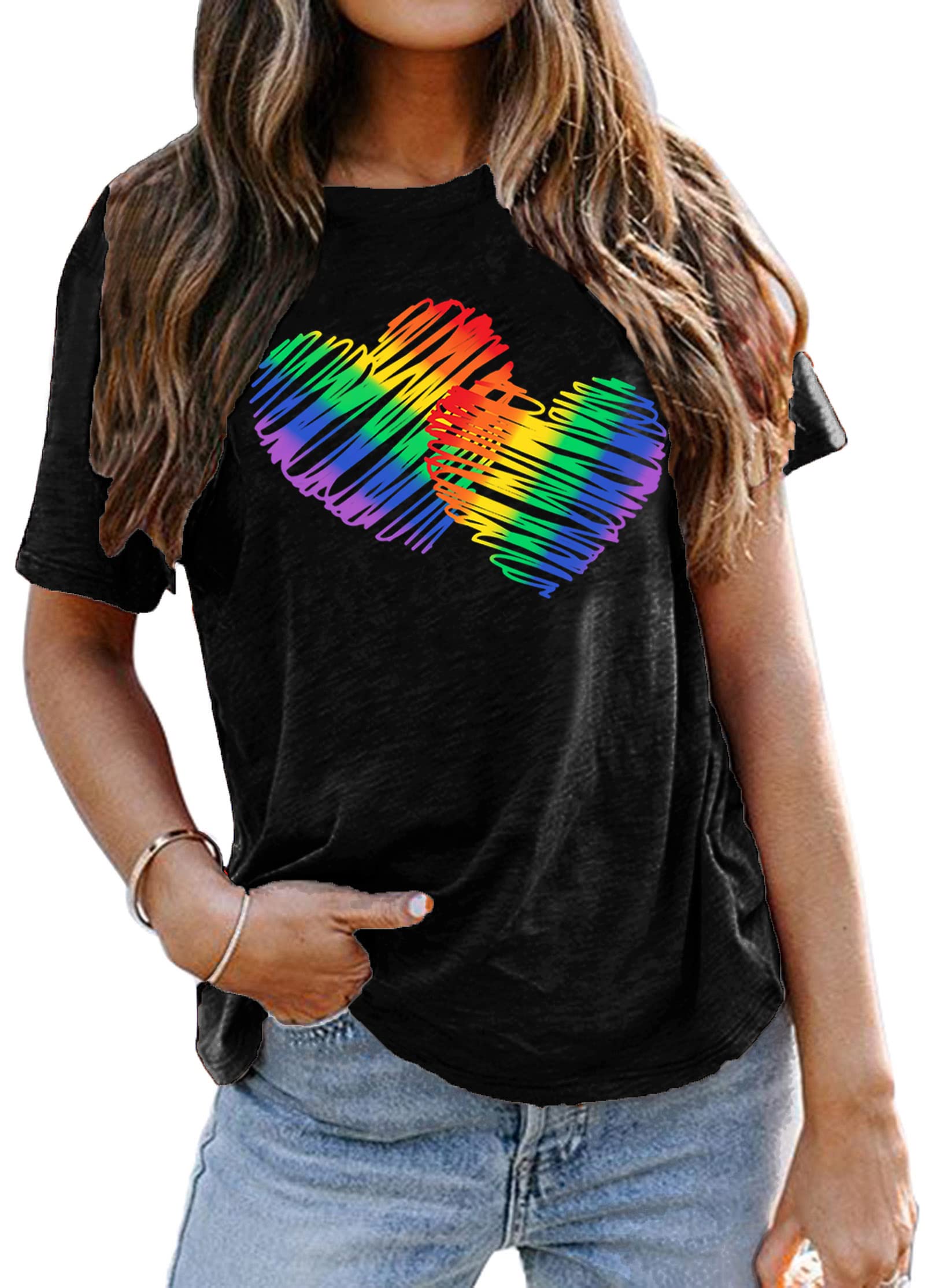 Pride T-Shirts for Women - Rainbow Heart Graphic Tees - LGBT Shirts - Casual Short Sleeve Tops - Perfect for Pride Parades, LGBTQ Events & Everyday Wear