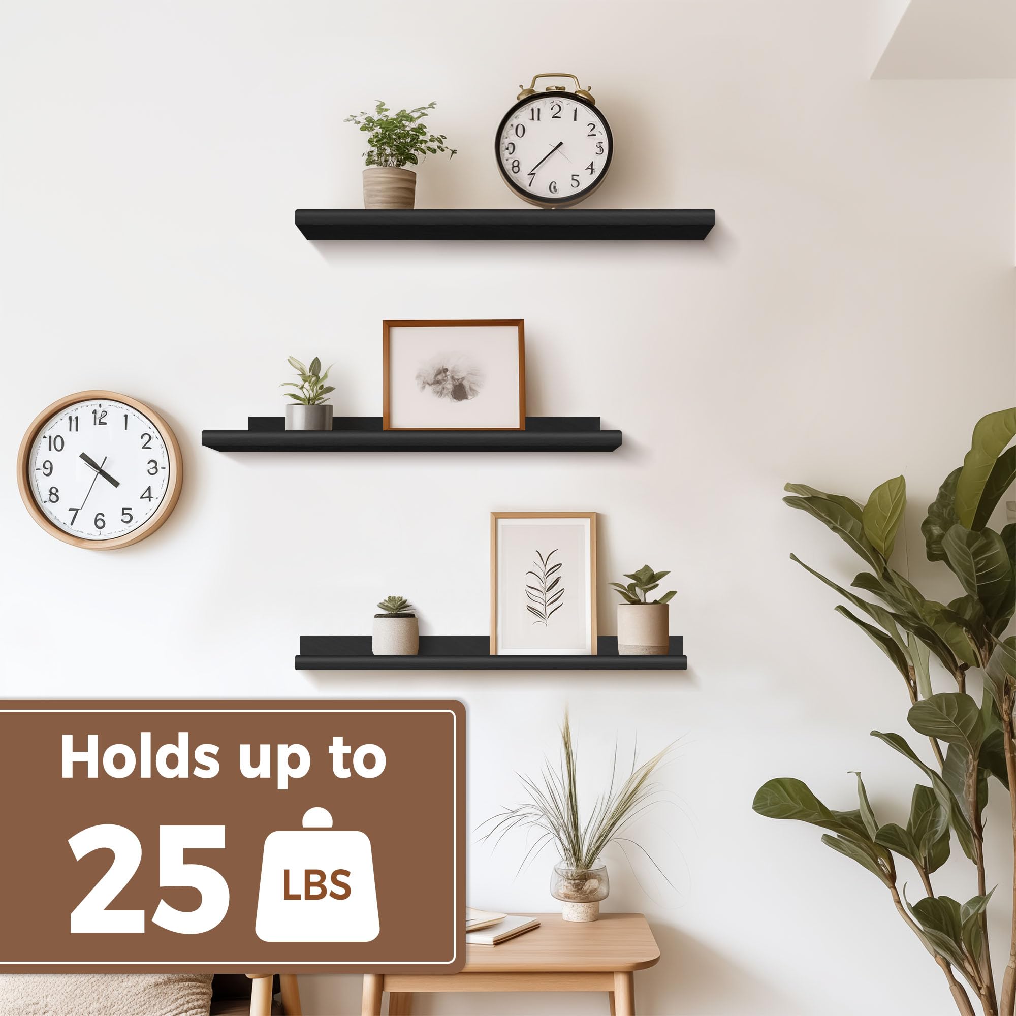 Annecy Floating Shelves Set of 3 - 23.6 Inch Black Rustic Wood Wall Shelves with Guardrail | Storage Shelves for Bedroom, Bathroom, Kitchen & Office | 3 Different Sizes | Perfect for Home Decor, Organizing & Displaying Photos/Books/Plants