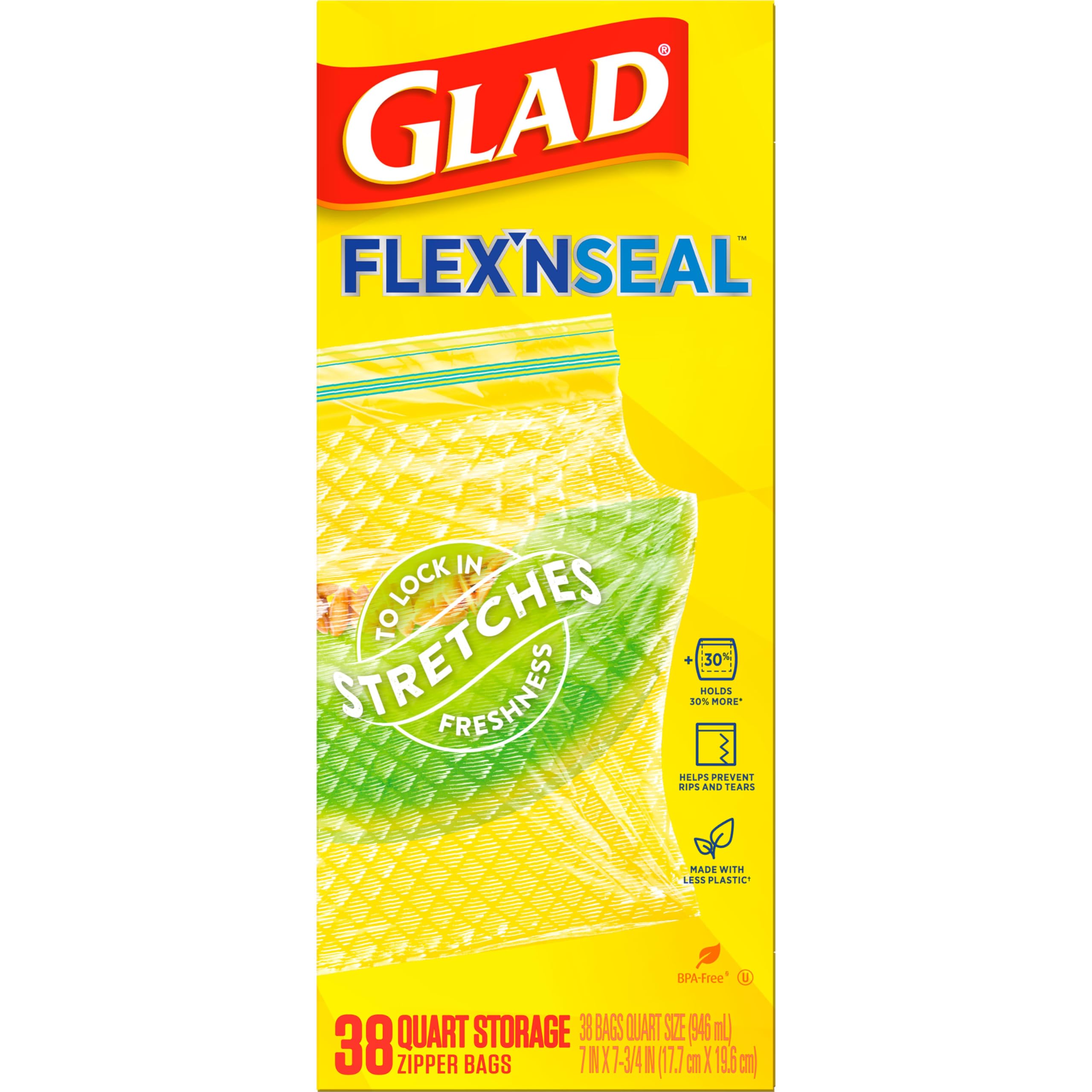 Glad Flex'N Seal Quart Food Storage Plastic Bags - 38 Count (Package May Vary) | Airtight Freshness for Leftovers, Meal Prep & Snacks | Perfect for Home, Office & Picnics