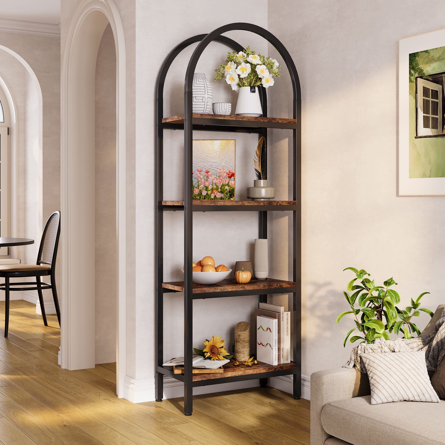 4 Tier / 5 Tier Wooden Bookshelf - Arched Bookcase Display Rack with Storage Shelves for Home Office, Living Room, Bedroom - Perfect for Organizing Books, Decor & Storage Needs