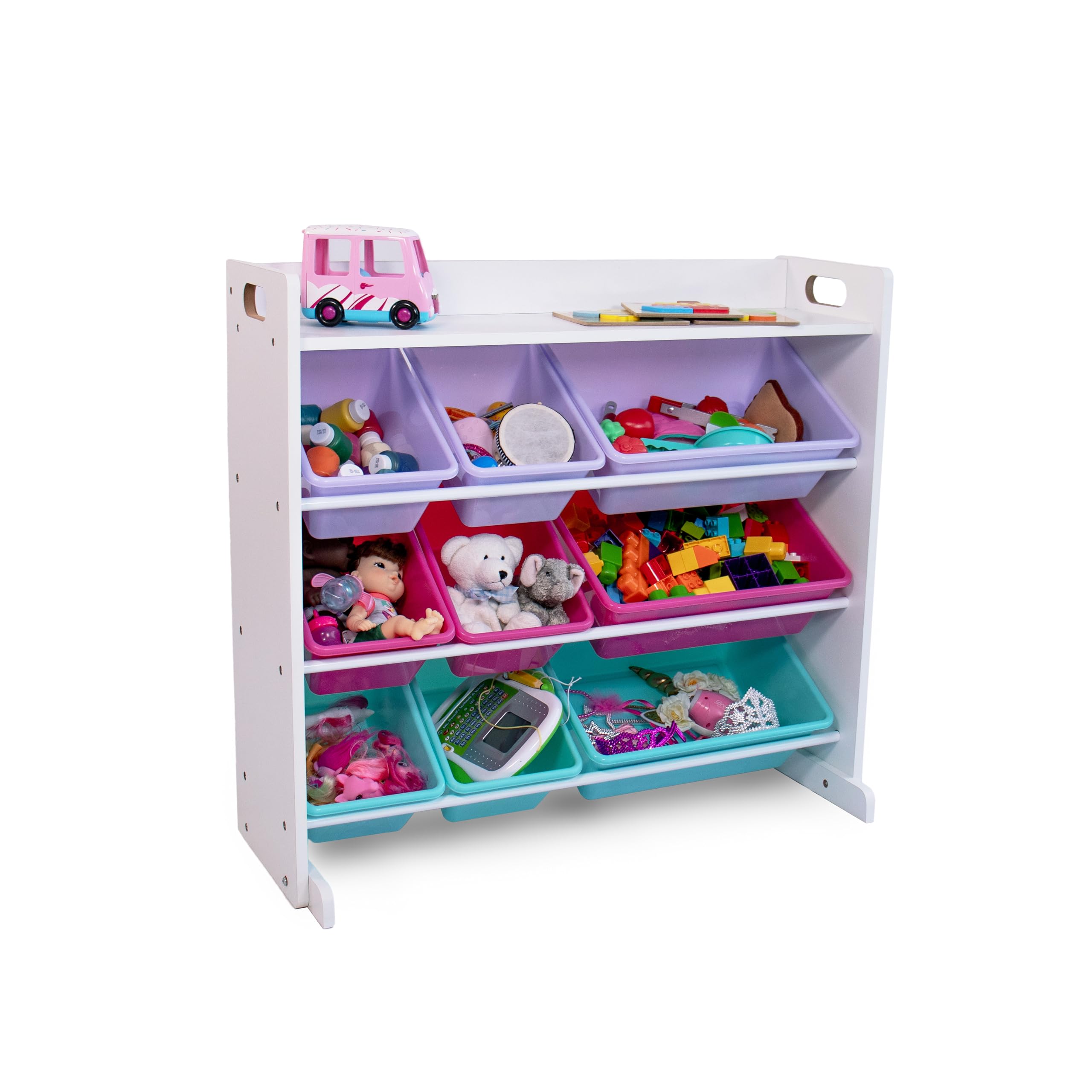 Humble Crew Kids Toy Storage Organizer with Top Shelf & 9 Removable Bins - White/Pink/Purple/Aqua - Modern Toddler Bookshelf & Toy Rack for Bedrooms, Playrooms, Daycare - Perfect for Organizing Toys, Books, Stuffed Animals & Kids' Room Decor